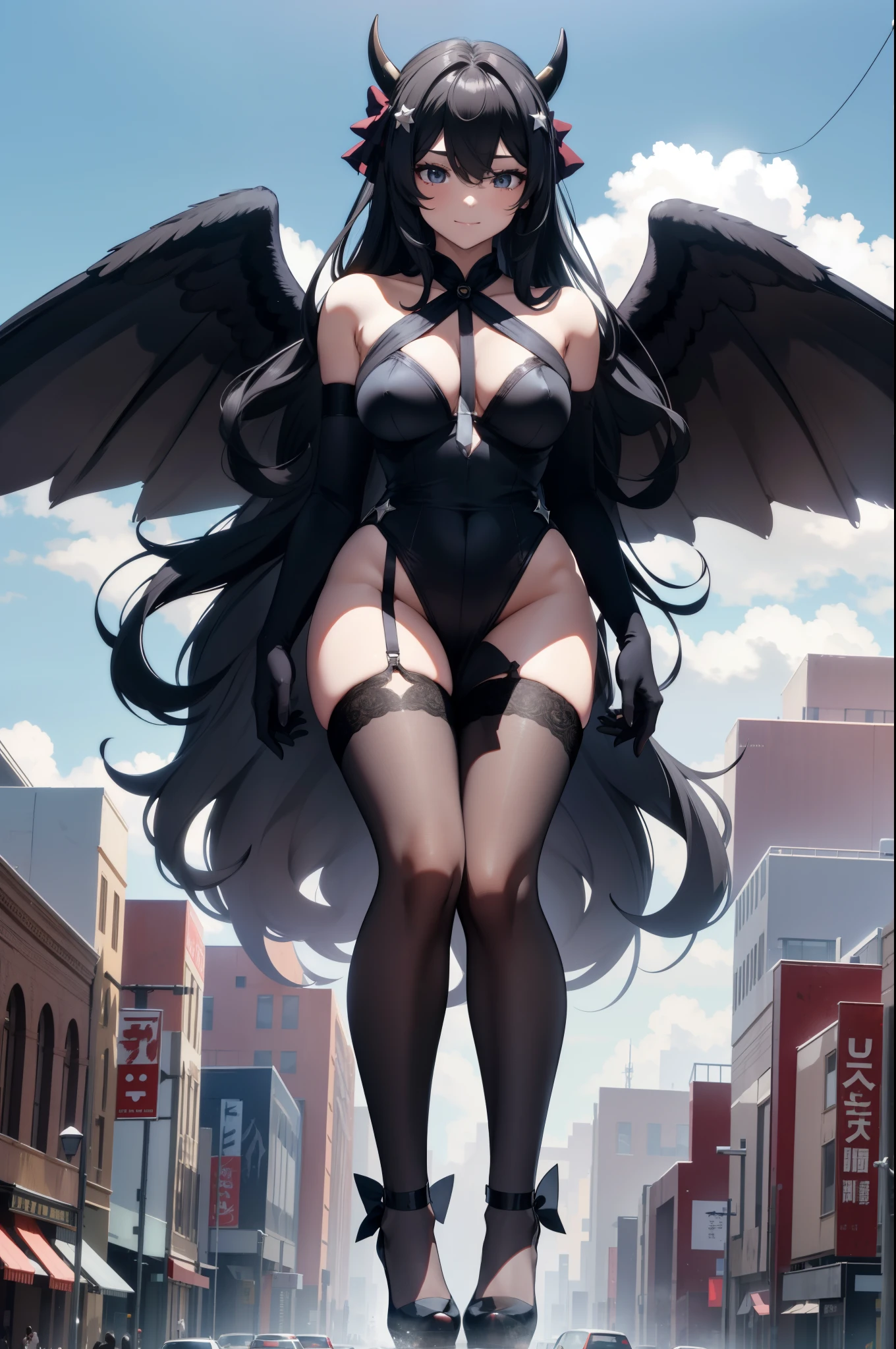 Aerial View,giant girl 50,000 feet high,Weight 1000kg,Has a pair of huge black angel wings,With huge devil horns on his head,Has waist-length black hair,loose hair,Big black wavy curls,Black crown,Wearing a pair of black Mary Jane high heels,Black lace gloves,Black lace pantyhose,Pantyhose with bow and star decorations,黑色蕾丝whole body,Standing upright on a small city,Beautiful appearance,Exquisite makeup,quality,8k,高quality,Perfect proportion, Cinema lighting,film grain,Fuji colors,8k,textured skin,Super details,high detail,high resolution,fake smile,blood stains,脚底有blood stains,whole body,Obese,feather