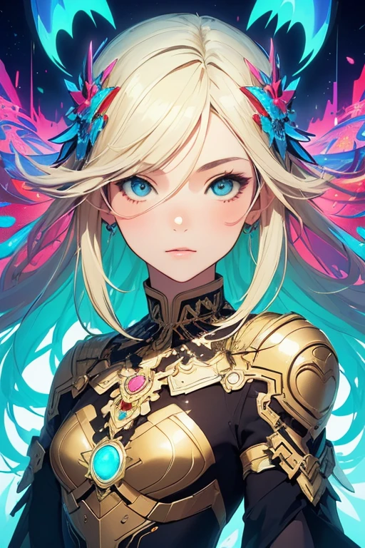 absurd, high resolution, super detailed, 1girl, solo, extremely detailed eyes, ultra-precise depiction, ultra-detailed depiction, (zentangle:1.2), (dynamic pose), (abstract background: 1.5), (triple dress: 1.2), short platinum blonde, (shiny skin), multiple colors, sideways