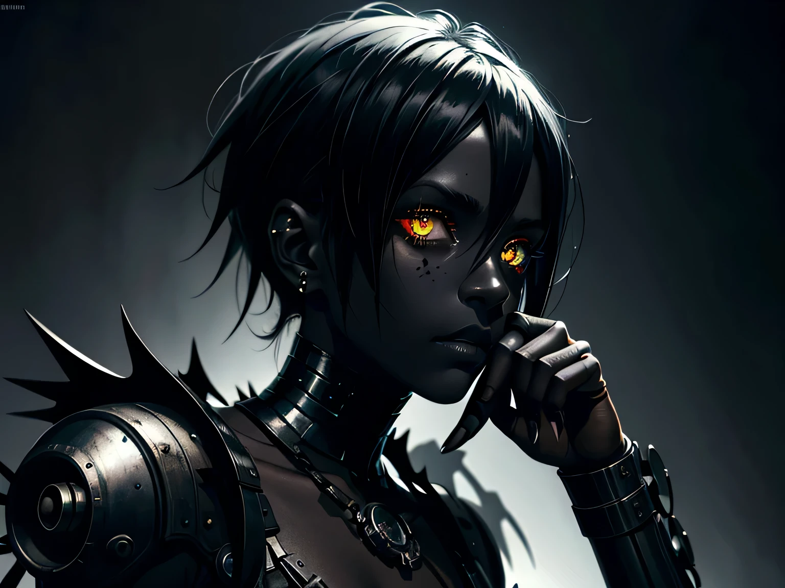 ((dark dieselpunk art)), (minimum light), hopeless demon girl, Black skin, dark Black skin, Ashen skin, black Ashen skin, many metal staples in the body, Metal hair, empty black, dark black empty eyes, (Less clothing), piercing, Dark lighting, (cold light), very detailed art, very detailed background