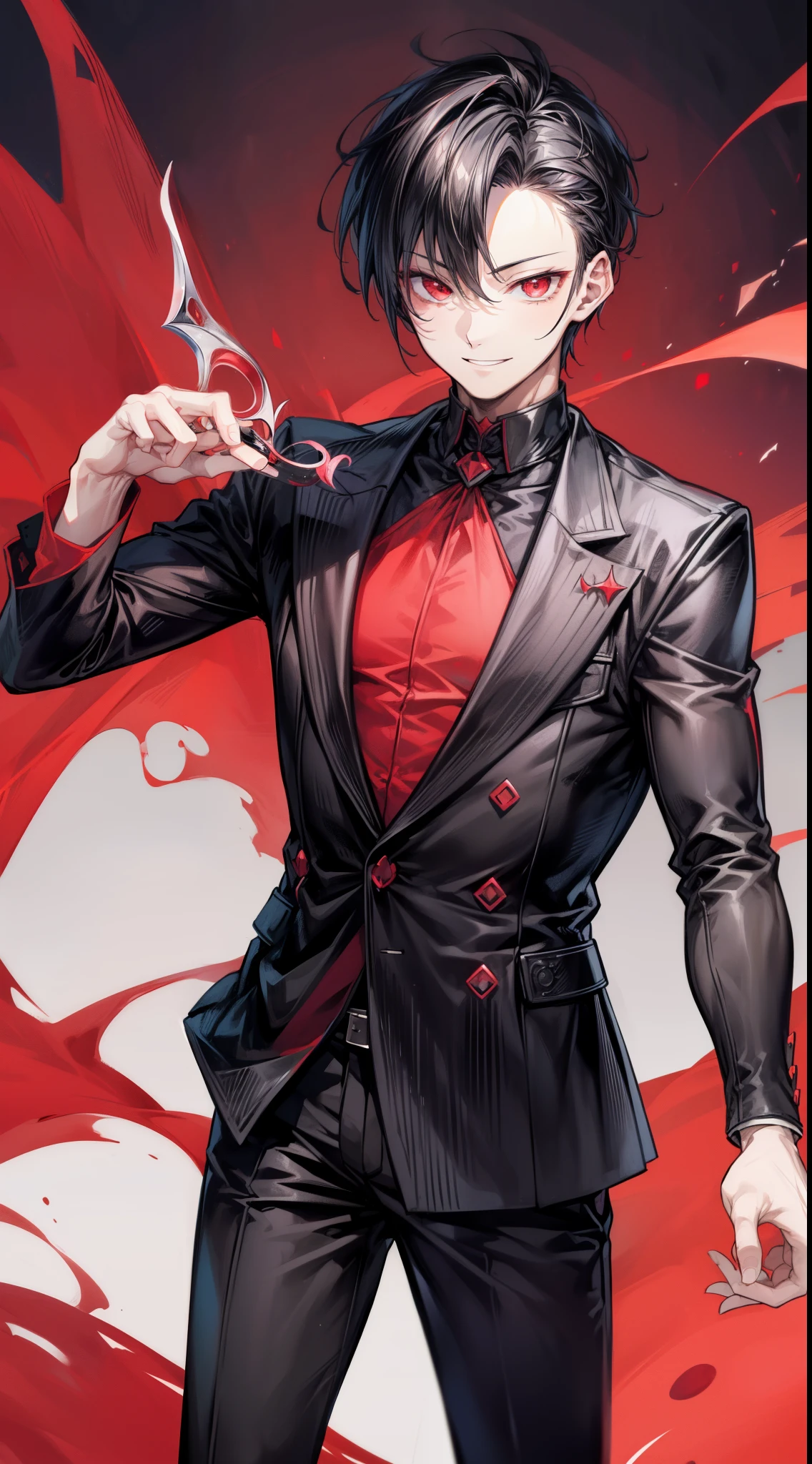 (flat color:1.1),(masterpiece:1.2), best quality, masterpiece, original, black spiked hair, short hair, (handsome man with red eyes looking at camera:1.2), (1man:1.5), (yandere smile:1.3)