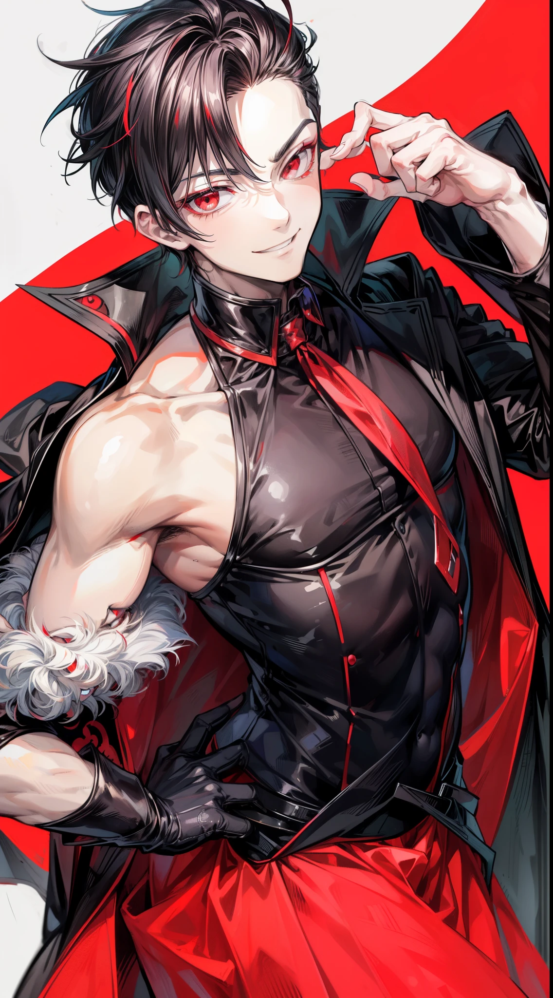 male、Gray Hair、Gray Hair、short hair、Red Eye、冷血なmale、good looking、Cold Face、Well-formed face、Well-built、Hard look、sexy、sexyな服装、Belly out、garter belt、Expressionless、Naughty face、Having your spine and neck traced、tingles、Thigh touching、