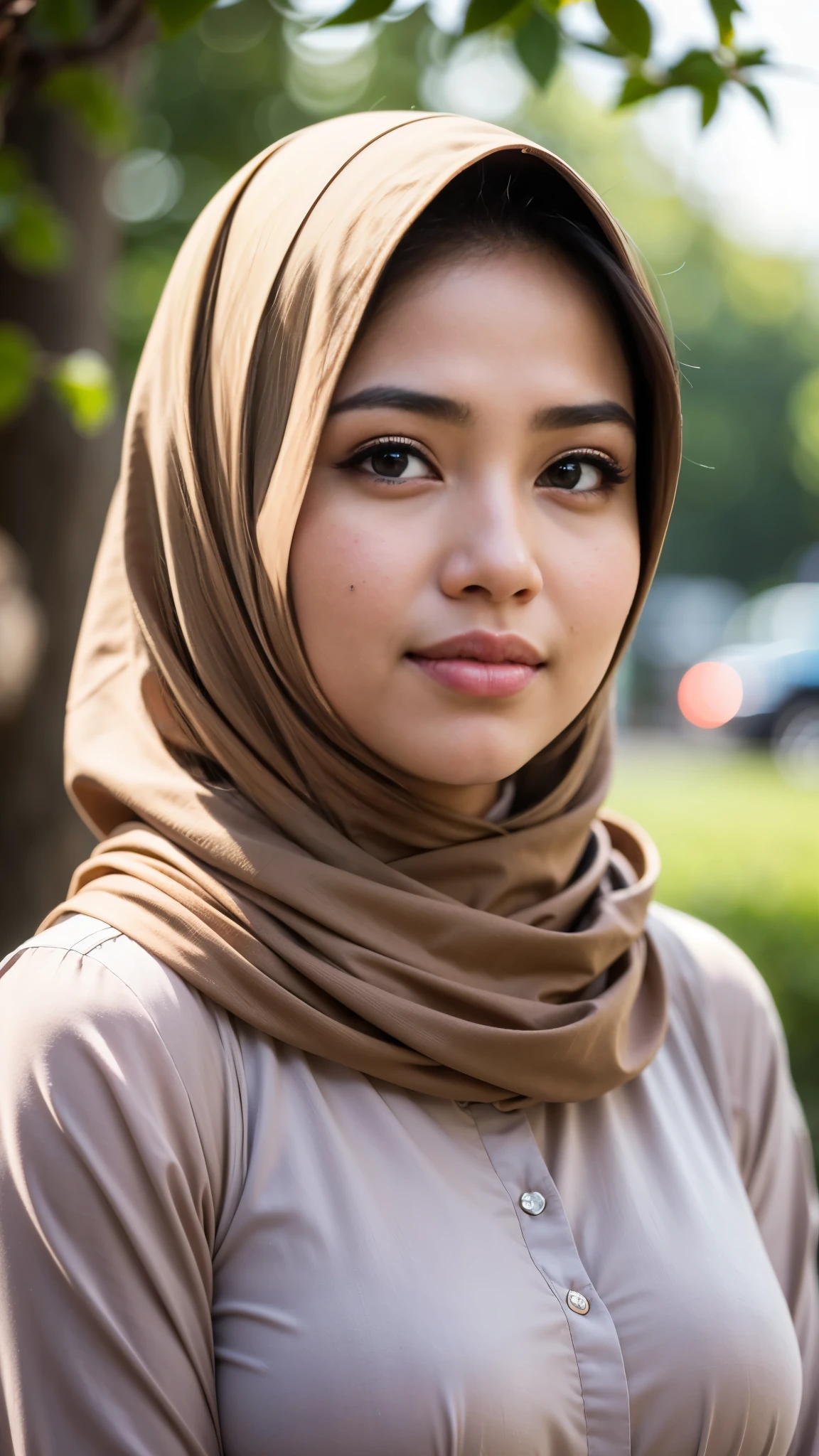 1 malay girl , modern plain hijab,  shy, medium portrait shot , watery  eyes ,lip watery, lip glossy, open mounth, big breast, 1 Malay girl, modern plain hijab, shy, medium portrait, watery eyes, RAW, Best quality, high resolution, masterpiece: 1.3), beautiful Malay woman in hijap:0.8),perfect nose,perfect lips, perfect eyes, detail :1.2), beautifull face, soft smile,Beautiful woman wearing a hijap,  a woman in a brown dress and a brown scarf,  hijab, moles under the eyes, Beutifull girl, lovely smile, lovely woman, with lovely look, with a beautifull smile, cute beautiful,((close up))