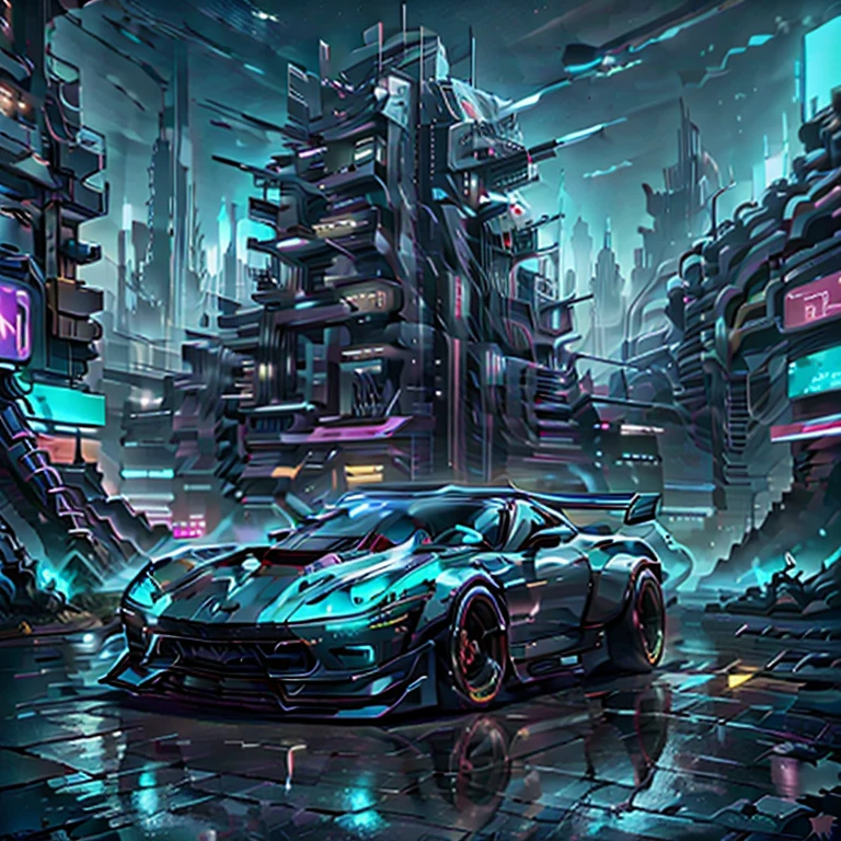 Chevy corvette stingray, neon city, amazing ray pulse up into the sky