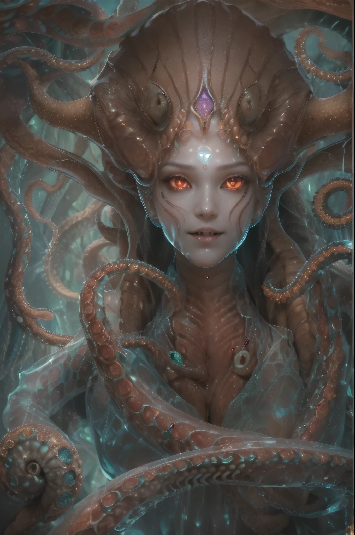 scary and sexy detailed art in color, Portrait, (beautiful and obscene female alien:1.4), (vulgarity1.5), (she has glowing red eyes with no pupils:1.8), (Translucent skin:1.7), ((There is a female genital-like organ in the middle of the forehead:1.9)), (The most beautiful face in the history of the universe:1.2),an evil gaze that seduces, (large mouth:1.1), (sharp teeth like a vampire:1.2), Full body portrait, (bio luminescent:1.5), (Smile wickedly:1.3), (sexypose:1.5), incredibly beautiful matured alien, (she has unparalleled beauty:1.5), No humans, cells are fused, (Lots of translucent tentacles:1.6) extraterrestrial, cell, bio image, best quality, 8K,In 4K_quality, High freshness, Dramatic Lighting, masterpiece:1.5, cinematic quality, detail up, (exquisite details:1.2), high resolution, High freshness, drawing faithfully, (Thick eyebrows:1.2), Beautiful eyes with fine symmetry, (Highly detailed face and eyes:1.2), (Super detailed skin quality feeling:1.1), perfect anatomy, (Beautiful toned body:1.5), (Moist skin:1.2), not wearing makeup, (dark circles:1.1), long canines, cinematic drawing of characters, ultra high quality model, cinematic quality, detail up, (exquisite details:1.2), high resolution, High freshness, drawing faithfully, official art, Unity 8K Wall , 8K Portrait, best quality, Very high resolution, ultra detailed artistic photography, midnight aura, unreal engine 5, Ultra Sharp Focus, art by Amano Yoshitaka, ArtGerm, Roisch, intricate artwork, best quality, masterpiece, ultra high resolution, (photos realistic:1.4), ultra realistic realism, dream-like, nautilus, Creation of fantasy, Snail, Dream Snail, (biopunk nautilus:1.3),Thrilling color schemes, ultra realistic realism, seductively smiling, (white tentacles with stripes:1.2), subtle emerald green accents, (expression of ecstasy:1.6) , in the dark, she has snake-like eyes, Tarot card illustration,Mucha'Impact of,fractal,Geometric pattern,victorian style frames,Encrusted with seven col