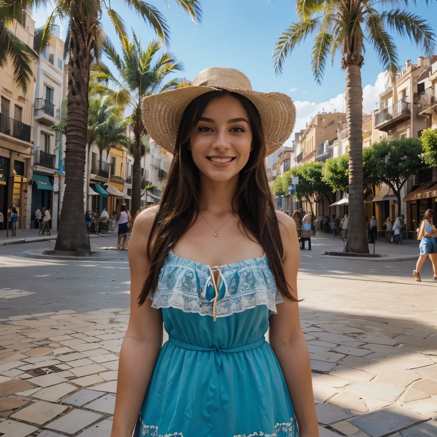 (best quality,highres,ultra-detailed:1.2), HDR, vivid colors, beautiful girl, Barcelona square, lively atmosphere, charming architecture, colorful flowers, happy people, stunning view, cozy cafe, outdoor dining, sunny weather, elegant dress, stylish hat, joyful expression, long flowing hair, vibrant street performers, bustling crowd, street musicians, mouthwatering food stands, historical landmarks, mosaic pavement, decorative fountains, palm trees, blue sky, warm sunshine, laughter and laughter, carefree moments