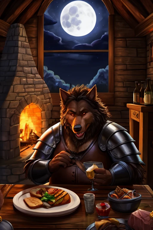 Werewolf, fat, big belly, medieval tavern, leather armor, eating, feasting, ham hock, night time, full moon seen in window, fireplace