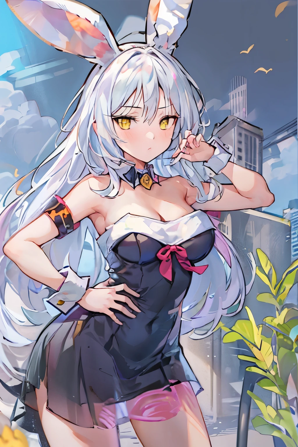 ice, 1 girl, alone, silver hair, long hair, straight hair, yellow eyes, Sunny, Are standing, bunny costume, playboy bunny, Sexy armpits