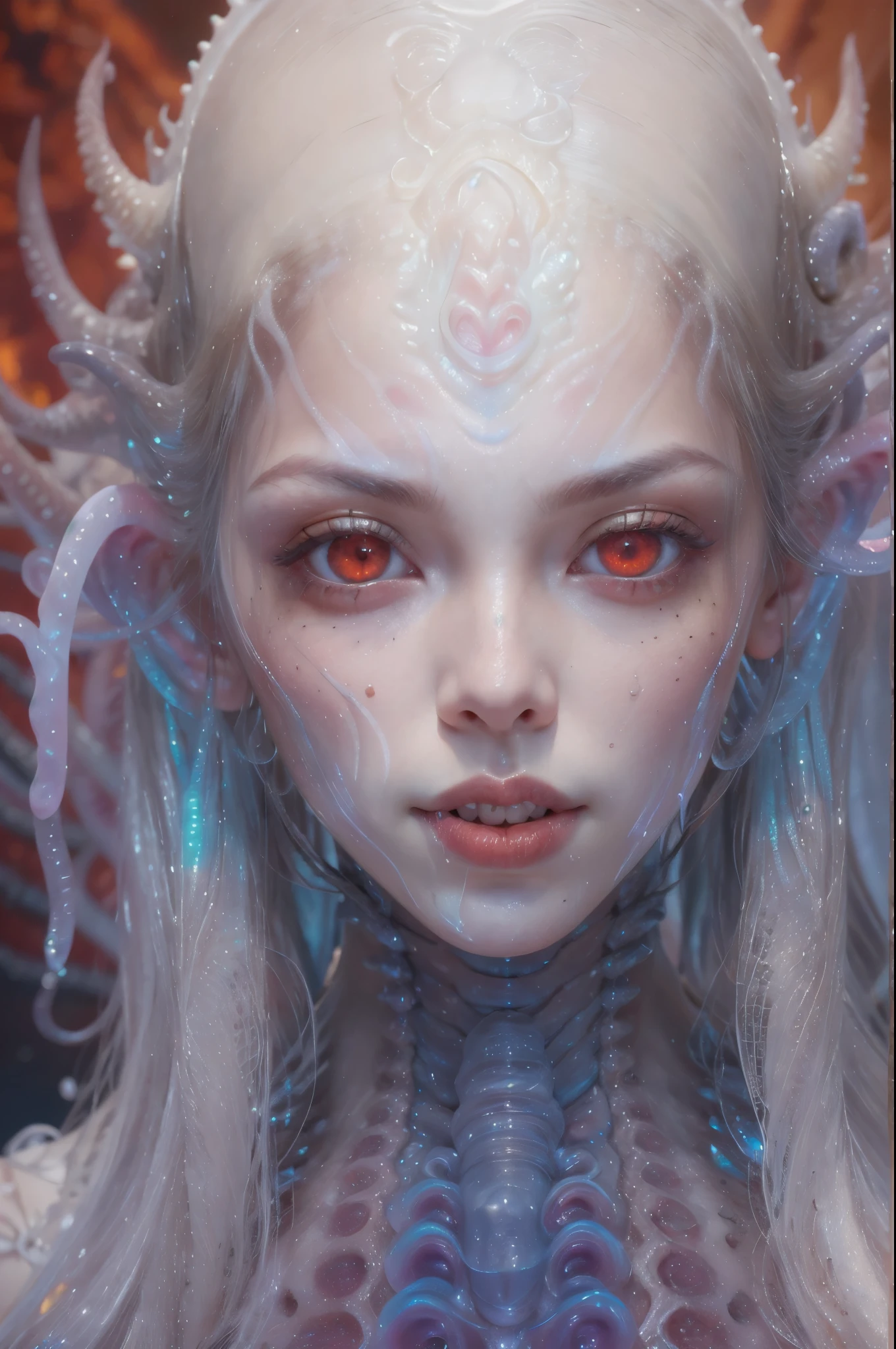 scary and sexy detailed art in color, Portrait, (beautiful and obscene female alien:1.4), (vulgarity1.7), (she has red eyes with no pupils:1.8), (Translucent skin:1.7), (There is a female genital-like organ in the middle of the forehead:1.9), (The most beautiful face in the history of the universe:1.2),an evil gaze that seduces, (large mouth:1.1), (sharp teeth like a vampire:1.2), Full body portrait, (bio luminescent:1.5), (Smile wickedly:1.3), (sexypose:1.5), alien, No humans, cells are fused, (Lots of translucent tentacles:1.3) extraterrestrial, cell, bio image, best quality, 8K,In 4K_quality, High freshness, Dramatic Lighting, masutepiece:1.5,cinematic quality, detail up, (exquisite details:1.2), high resolution, High freshness, drawing faithfully, (Thick eyebrows:1.2), Beautiful eyes with fine symmetry,(Highly detailed face and eyes:1.2), Intimate face, (Super detailed skin quality feeling:1.4), perfect anatomy, (Beautiful toned body:1.5), (Moist skin:1.2), not wearing makeup, (dark circles:1.1), long canines, cinematic drawing of characters, ultra high quality model, cinematic quality, detail up, (exquisite details:1.2), high resolution, High freshness, drawing faithfully, official art, Unity 8K Wall paper, best quality, Very high resolution, ultra detailed artistic photography, midnight aura, unreal engine 5, Ultra Sharp Focus, art by Amano Yoshitaka, ArtGerm, Roisch, intricate artwork, best quality, masterpiece, ultra high resolution, (photos realistic:1.4), ultra realistic realism, dream-like, nautilus, Creation of fantasy, Snail, Dream Snail, (biopunk nautilus:1.3),Thrilling color schemes, ultra realistic realism, seductively smiling, Blue tentacles, Amazing mutation, well-proportioned body, goddess of the deep sea