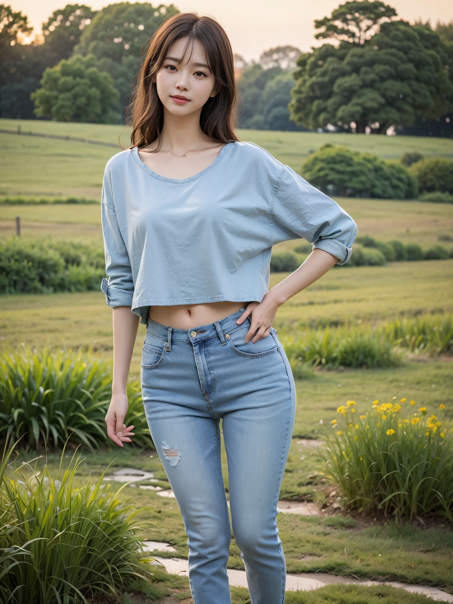 Araki woman in blue shirt and jeans standing in field, Korean female fashion model, kawaii shirt and jeans, casual clothing style, Lee Ji Eun, Lee Ji-eun, inspired by Kim Jeong-hui, slim waist and thick hips, casual modern clothes, full-length beautiful young woman standing in a grassy field, modern casual clothes,Ultra-realistic apparent details,White skin,A sweet smile,Coquettish pose,A sexy pose,dusk,natural shadow