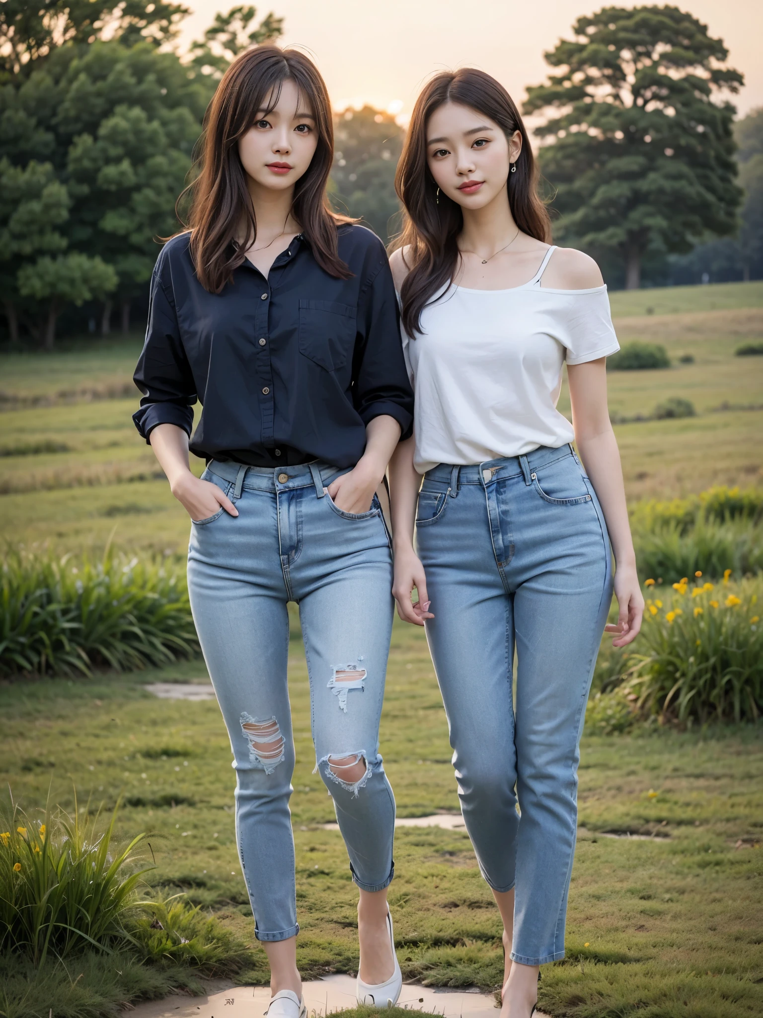 Araki woman in blue shirt and jeans standing in field, Korean female fashion model, kawaii shirt and jeans, casual clothing style, Lee Ji Eun, Lee Ji-eun, inspired by Kim Jeong-hui, slim waist and thick hips, casual modern clothes, full-length beautiful young woman standing in a grassy field, modern casual clothes,Ultra-realistic apparent details,White skin,A sweet smile,Coquettish pose,A sexy pose,dusk,natural shadow