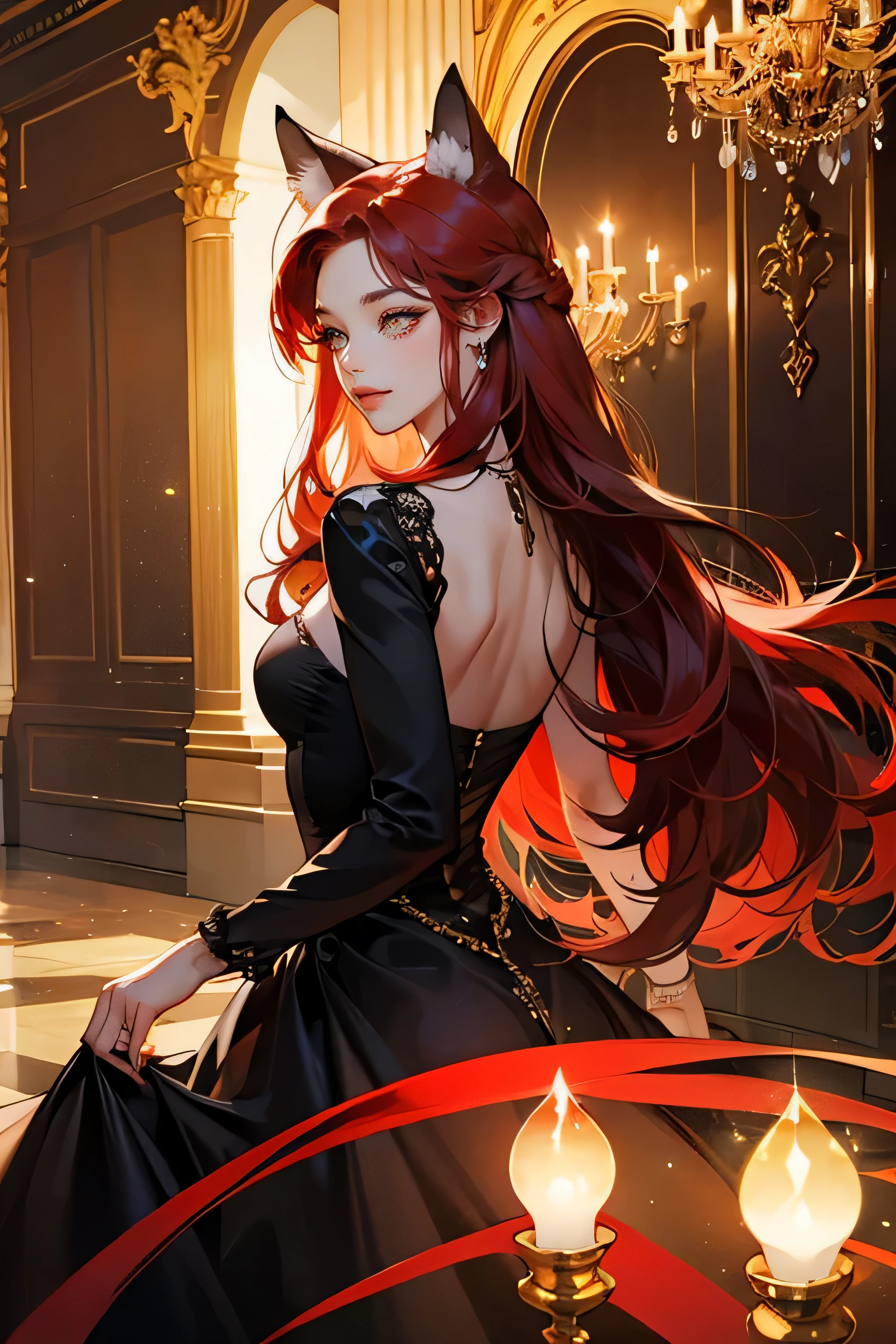Red hair，red fox ears，golden eyes，rich black dress，prom，prom Hall，Colored crystal lamps