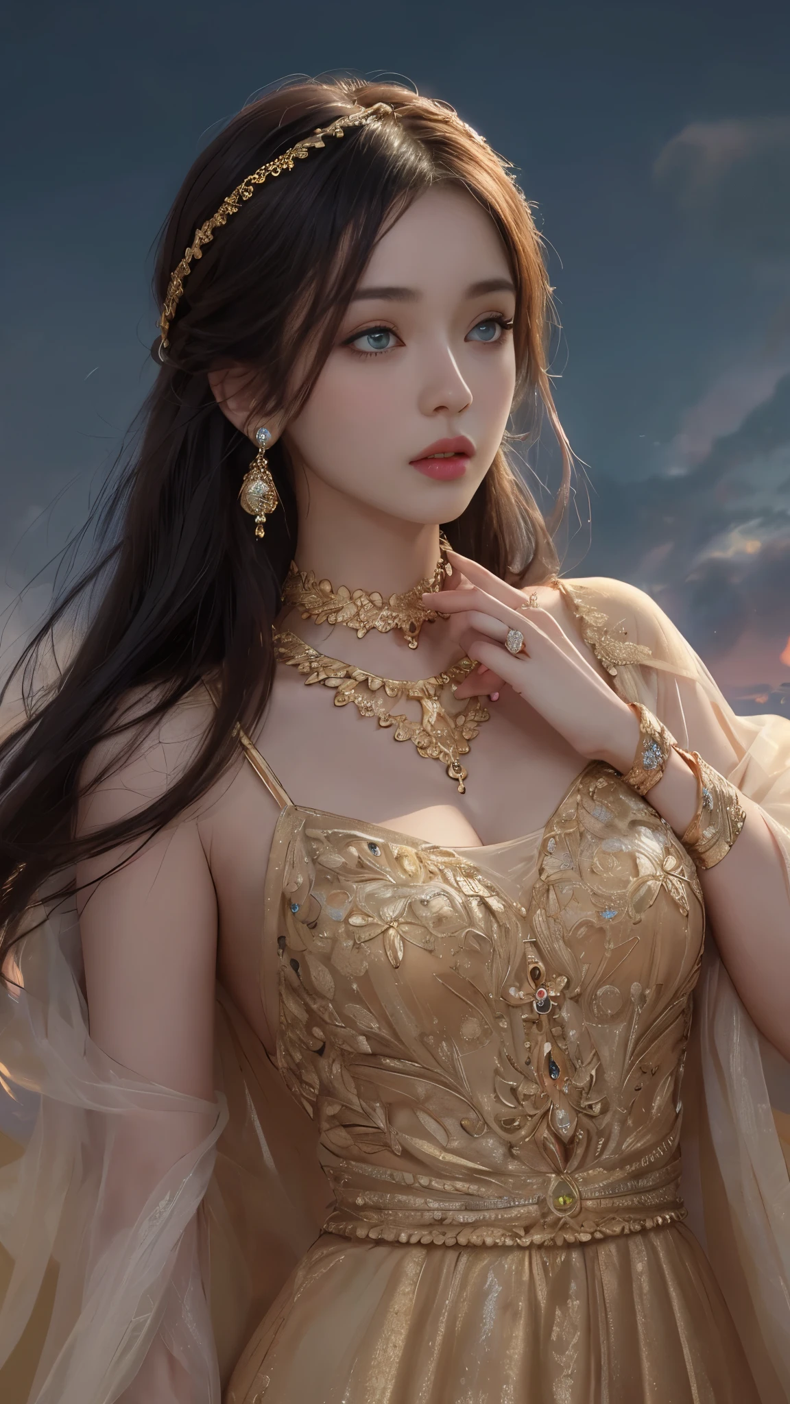 8K, Ultra HD, HD Color, masterpiece, 1 girl, good face, Luminous Eyes, detailed lips, ultra long hair, (rob golden dress:1.5), (jewellery:1.5), Super artistic, cloudy sky background, morning, dark shadow,