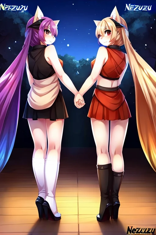 (((by nezunezu:1.5))),2 females,mature mother AND little daughter,stand side by side,from below:0.5,full body view,(((Simple backgroud))),