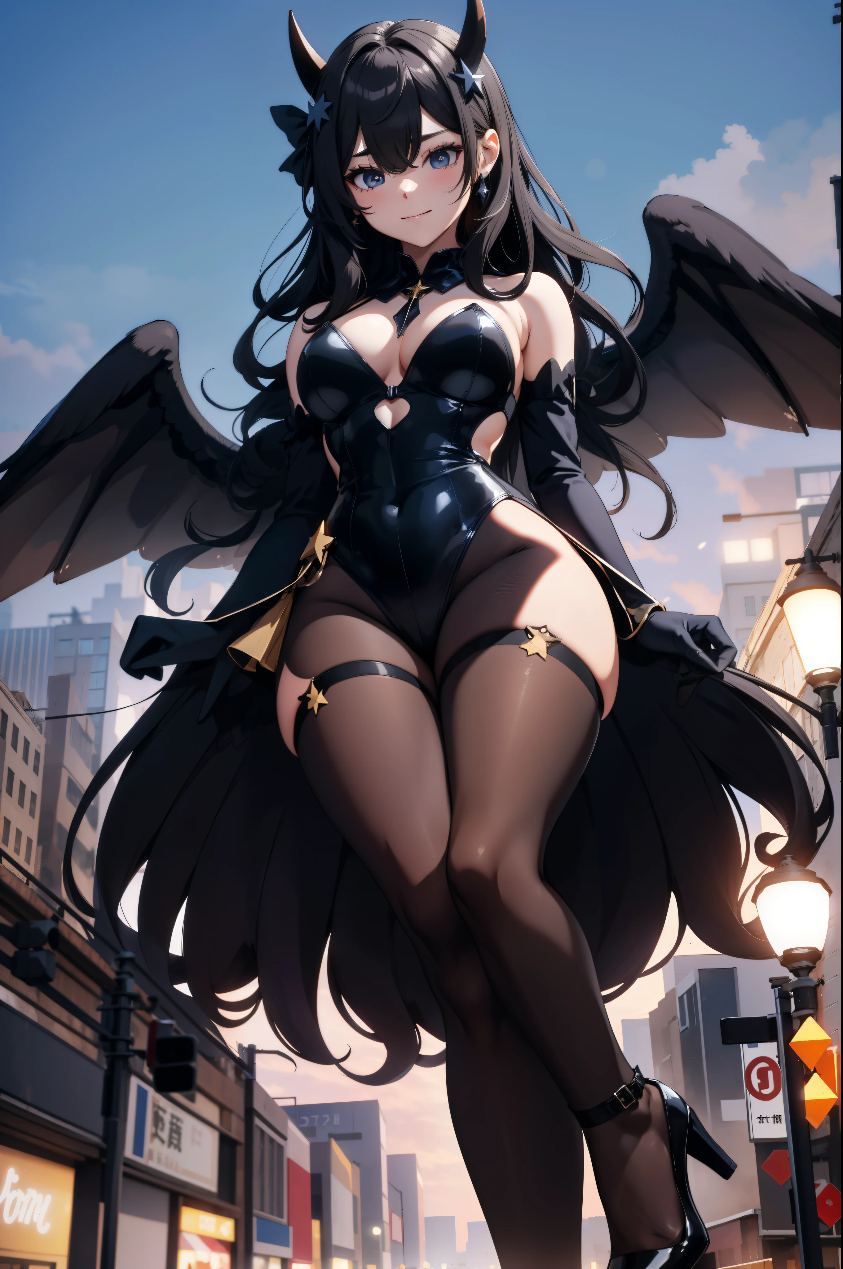 Aerial View，giant girl 50,000 feet high，Weight 1000kg，Has a pair of huge black angel wings，With huge devil horns on his head，Has waist-length black hair，loose hair，Big black wavy curls，black crown，Wearing a pair of black Mary Jane high heels，Black lace gloves，Black lace pantyhose，Bow and star embellished tights，黑色蕾丝whole body，Standing tall above the small town，Beautiful appearance，Exquisite makeup，quality，8k，高quality，Perfect proportion, Cinema lighting，film grain，Fuji colors，8k，textured skin，Super details，high detail，high resolution，fake smile，blood stains，脚底有blood stains，whole body，fat，feather