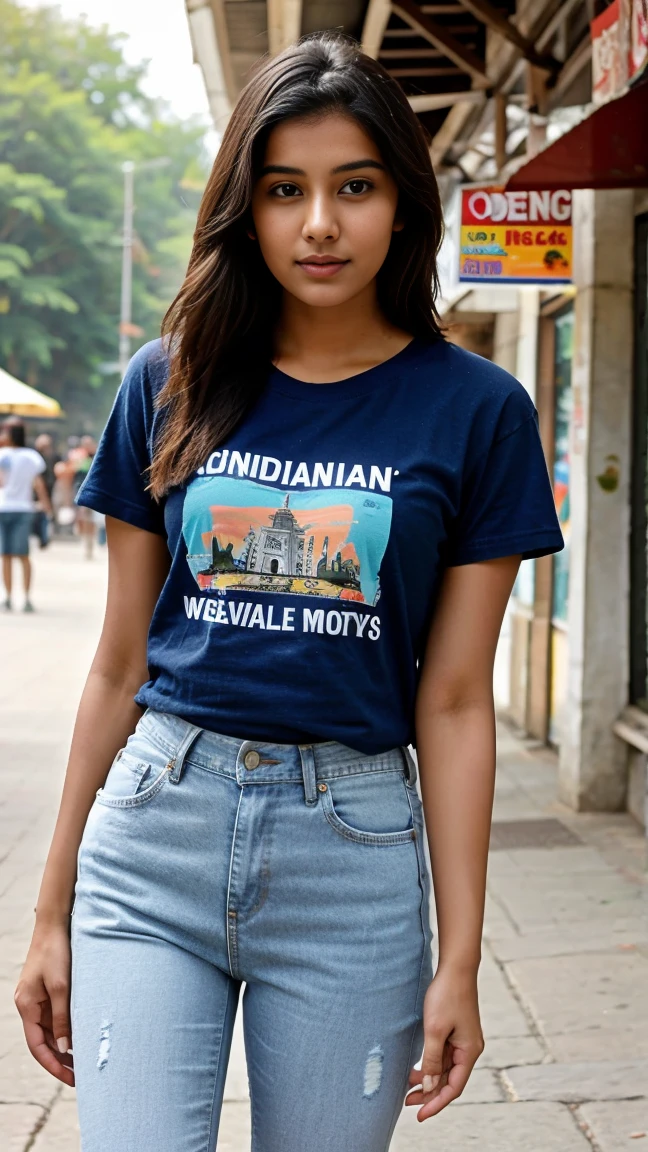 Indian Pretty girl wear jeans, tshirt,shirt,top ,shorts stand in public place