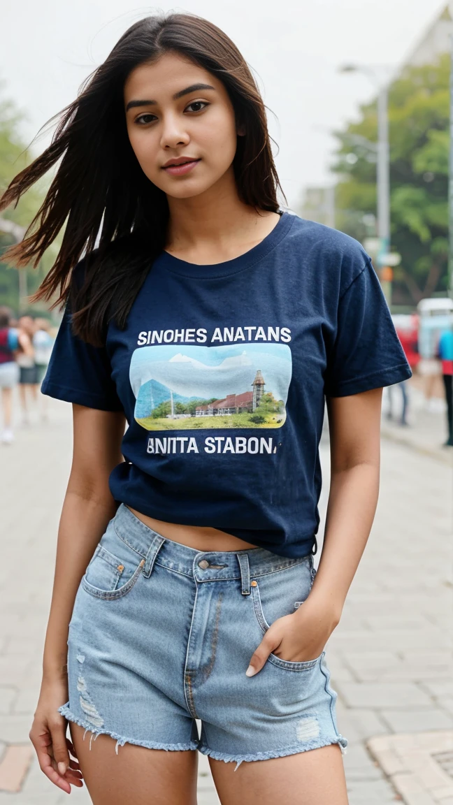 Indian Pretty girl wear jeans, tshirt,shirt,top ,shorts stand in public place
