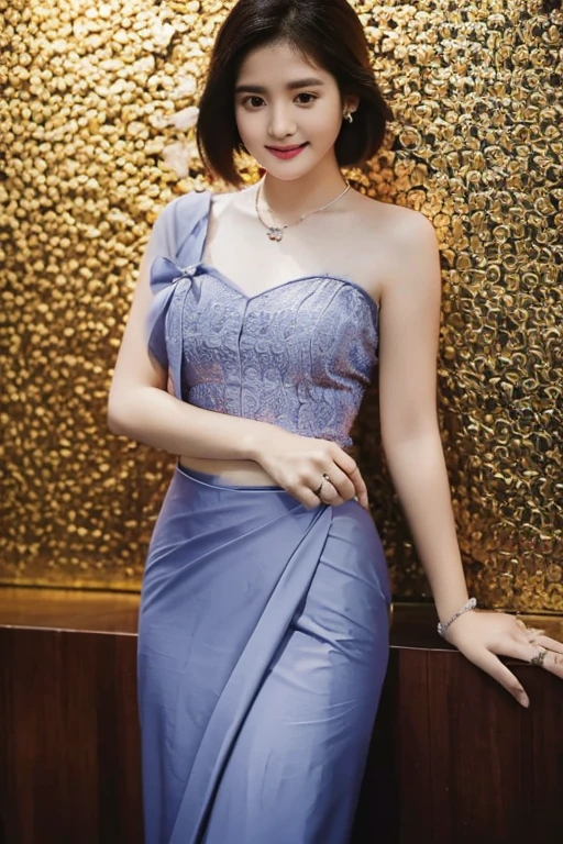 (realistic:1.3), insane detailed, quality, (masterpiece:1.2), (photorealistic:1.2), (best quality), (detailed skin:1.3), (intricate details), ray tracing, ((half body)), (((1girl))), (((1 person))), 20 years old, short hair, smile, blue dress, skirt with pattern, color contrast between the dress and the skirt, skirt pattern, earrings, necklace, Javanese ornament, (blurred background)