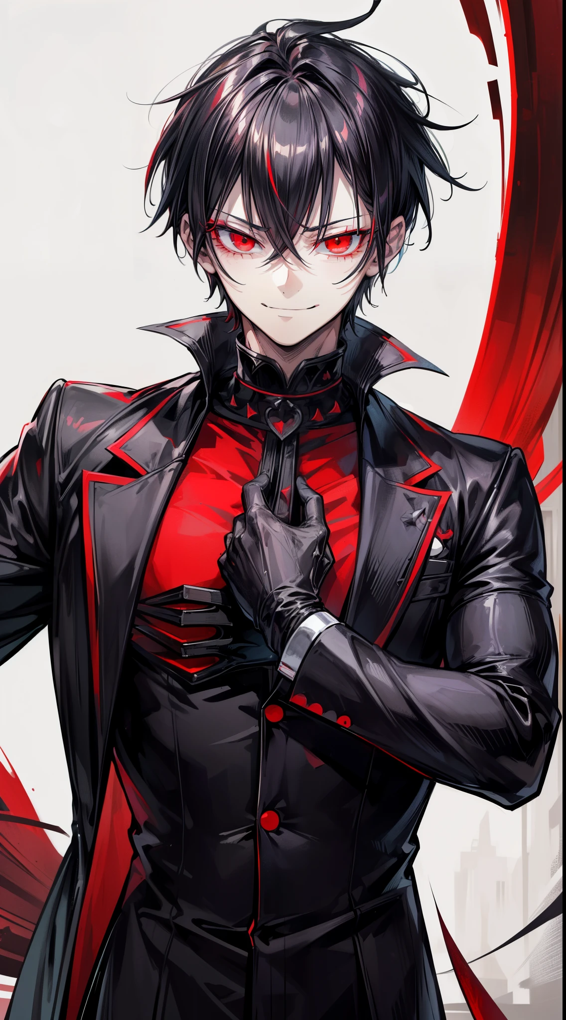 (flat color:1.1),(masterpiece:1.2), best quality, masterpiece, original, black spiked hair, short hair, (handsome yandere man with red eyes looking at camera:1.2), (1man:1.5), (menacing smile:1.35), (dark eyebags:1.5)