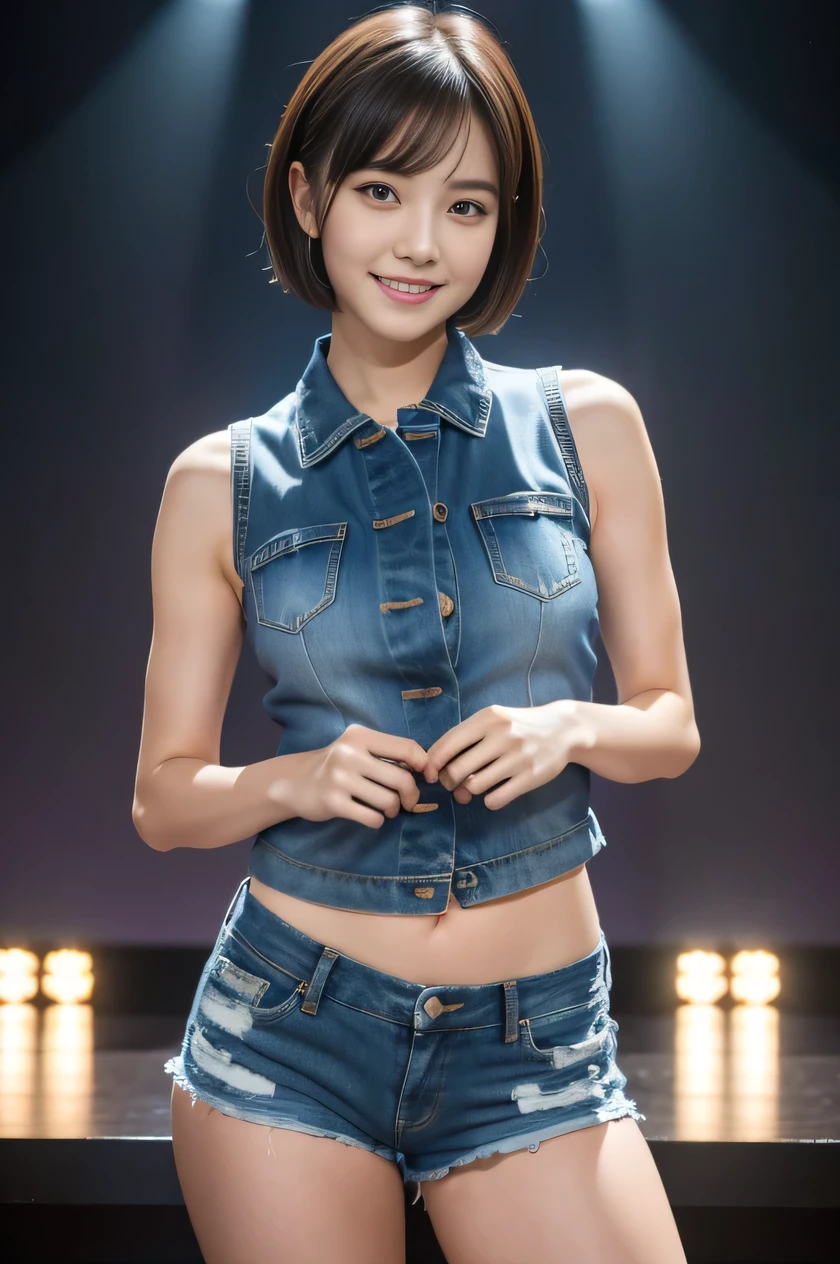 The beauty of 8K raw photos:2.0, short hair, 25 years old, great face and dark eyes, stare at the camera, smile full of joy:1.6, show teeth, put hands behind head, dynamic pose, model's stance, (white sleeveless, denim shorts:1.2)、wear sneakers:1.4, realistic:1.9, very detailed CG 統合 8k 壁紙, very detailed, High resolution RAW color photos, professional photos, shot on stage, girl sexy portrait
