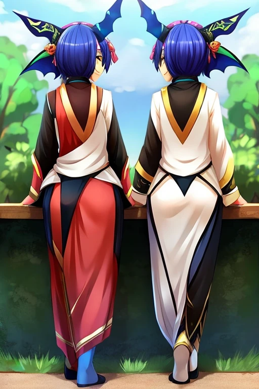 (((nezunezu:1.5))),2 females,mature mother AND little daughter,stand side by side,from below:0.5,full body view,(((Simple backgroud))),