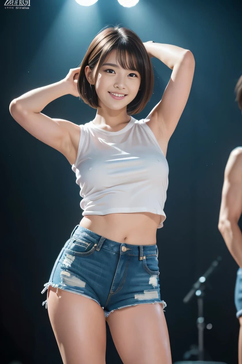 The beauty of 8K raw photos:2.0, short hair, 25 years old, great face and dark eyes, stare at the camera, smile full of joy:1.6, show teeth, put hands behind head, dynamic pose, model&#39;s stance, （white sleeveless, denim shorts:1.2)、wear sneakers:1.4, realistic:1.9, very detailed CG 統合 8k 壁紙, very detailed, High resolution RAW color photos, professional photos, shot on stage, girl sexy portrait