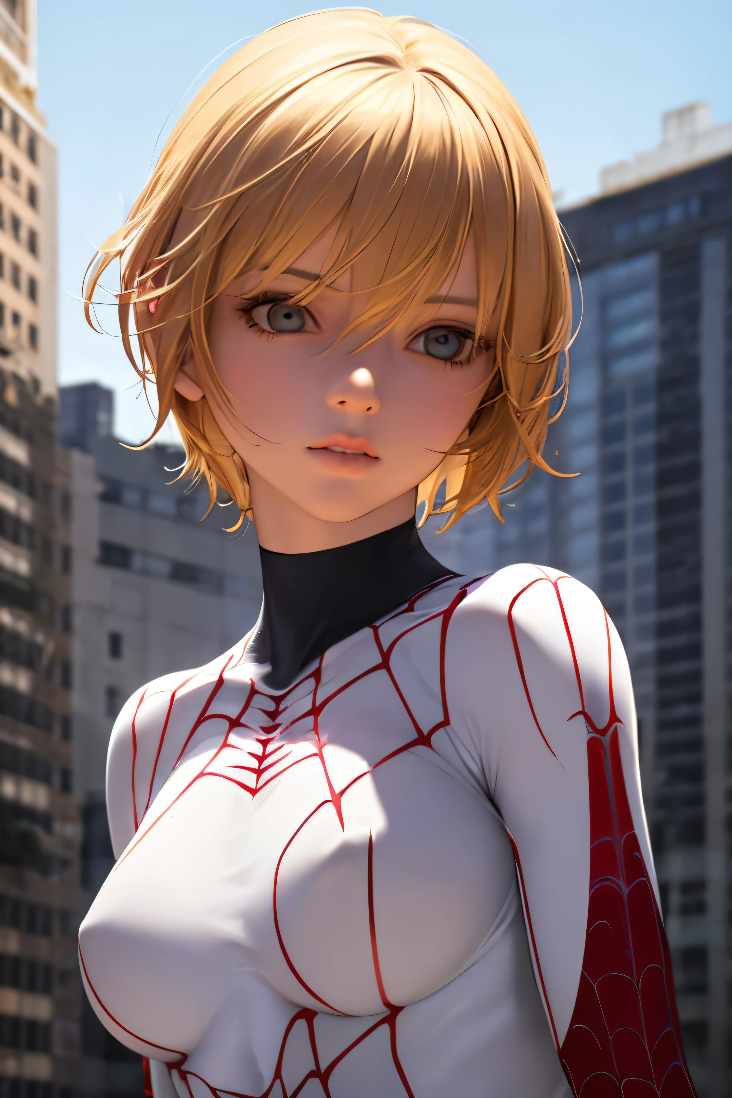 1girl, ((best quality)), ((masterpiece)), ((realistic)), (detailed), (perfect face), spider women, (white spidersuit), (red & black spider pattern), blonde short hair, hair between eyes, building background