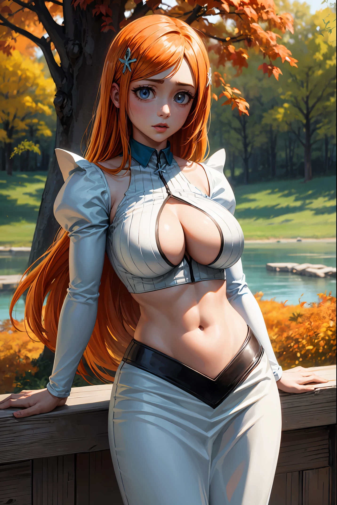 masterpiece, best quality, expressive eyes, perfect face, (cowboy shot), front view, blue eyes, orange hair, long hair, forest, fall, lake, sky, orihimedef, hair ornament, center opening, white dress, skirt, orihimedress, long sleeves, navel, midriff, detached sleeves
