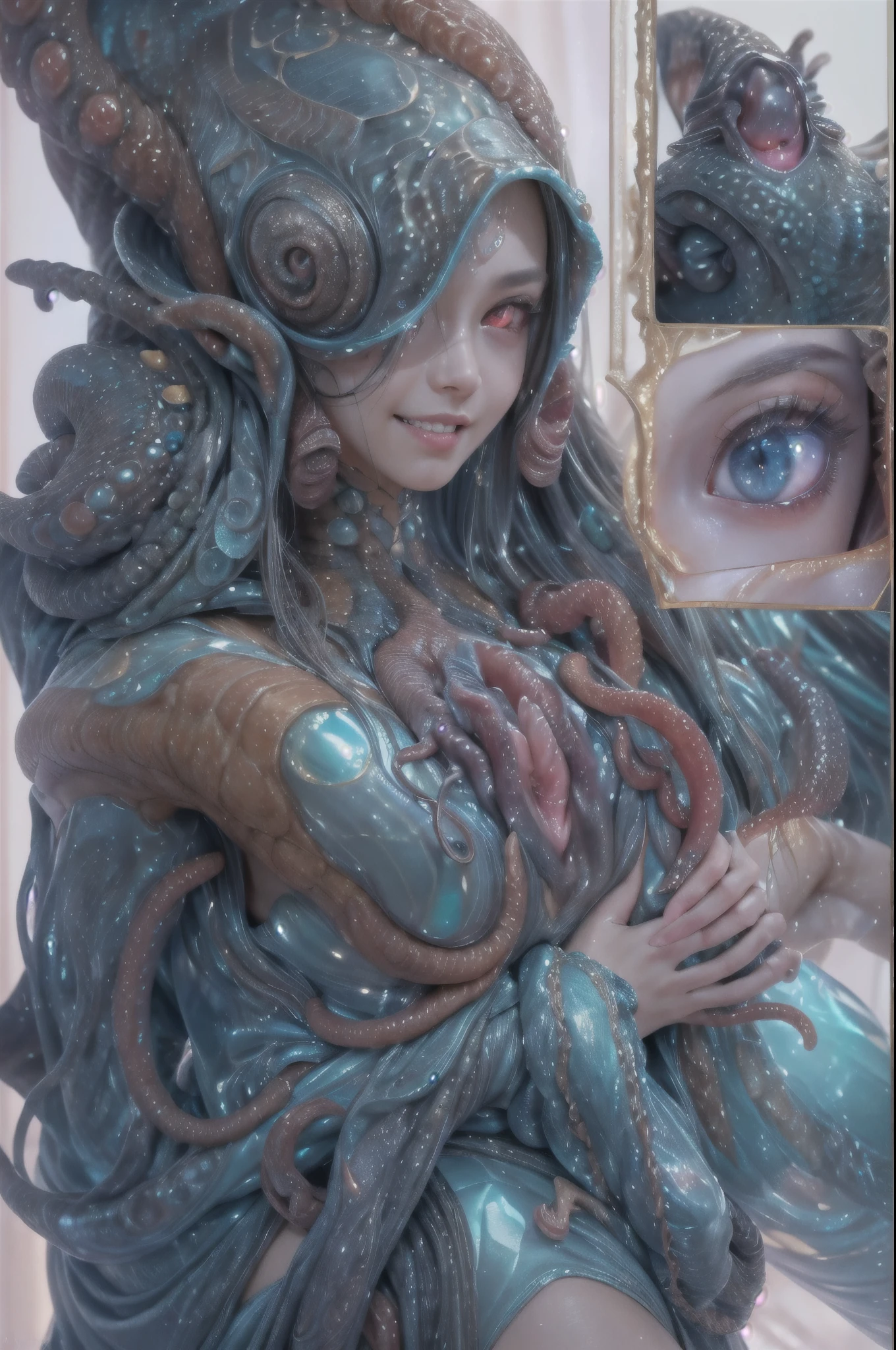 NSFW,Woman in glamour glasses、Entangled with octopus、Wet body、fullnude、A smile、Purple-haired twin tails、Squatting with crotch open、detailed full-body concept、、Top resolution、​masterpiece、Hi-Res、