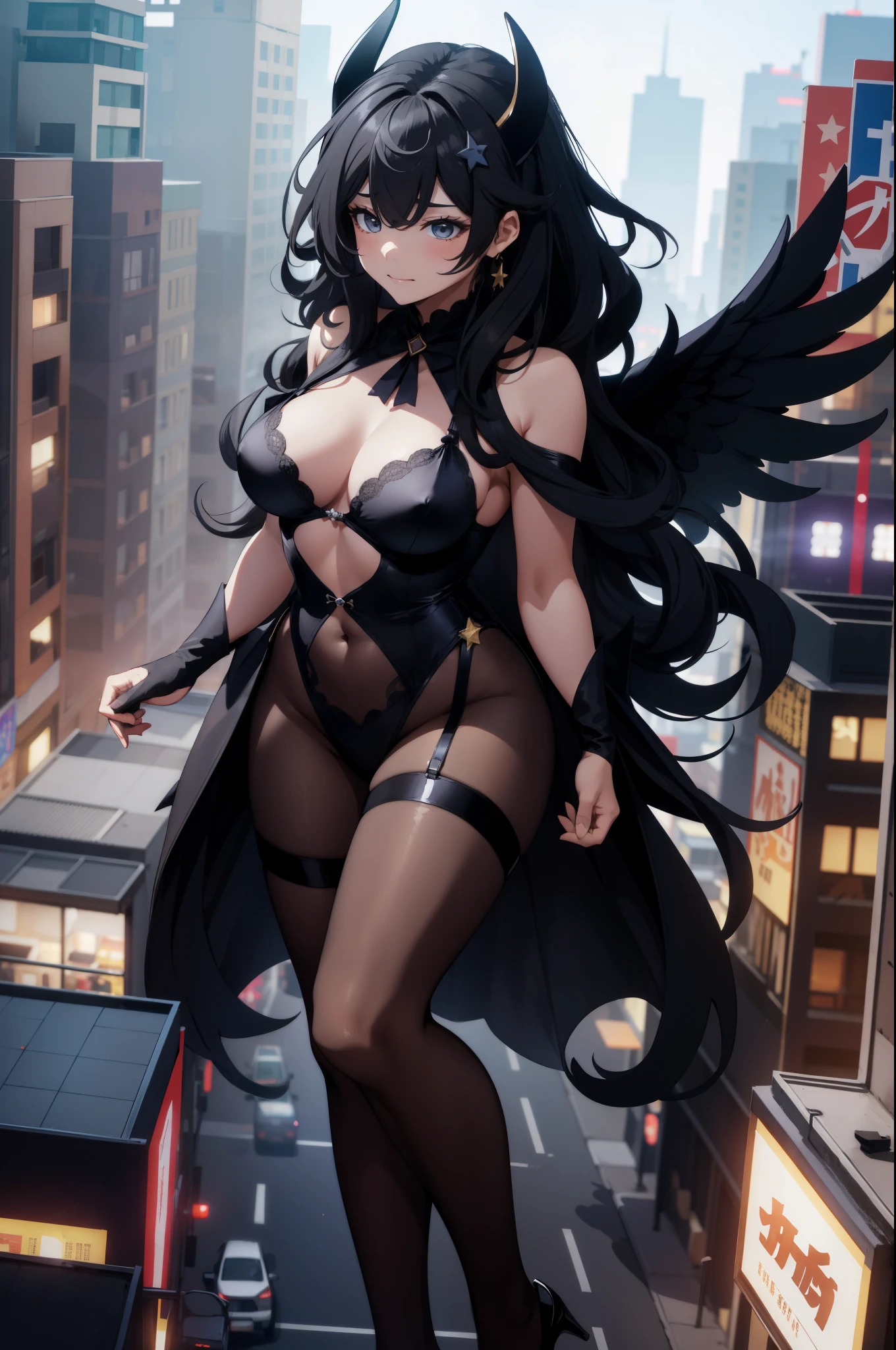 Aerial View，giant girl 50,000 feet high，Weight 1000kg，Has a pair of huge black angel wings，With huge devil horns on his head，Has waist-length black hair，loose hair，Big black wavy curls，Black crown，Wearing a pair of black Mary Jane high heels，Black lace gloves，Black lace pantyhose，Pantyhose with bow and star decorations，黑色蕾丝whole body，Standing upright on a small city，Beautiful appearance，Exquisite makeup，quality，8k，高quality，Perfect proportion, Cinema lighting，film grain，Fuji colors，8k，textured skin，Super details，high detail，high resolution，fake smile，blood stains，脚底有blood stains，whole body，Obese，feather