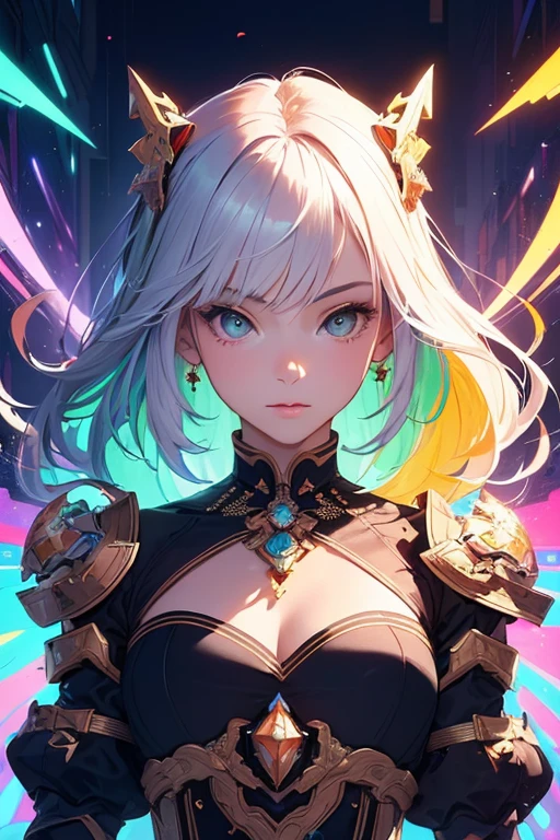 (masterpiece, best quality:1.2),(concept art、fractal art:1.5) ,(flat color:1.2),(2D:1.3),(fluorescence colour:1.5,colorful:1.2),fluorescence multicolored hair、looking at viewer,1girl,beautiful face,Gentle face,solo,upper body,floating colorful fluorescent lines,vivid color、Symmetrical