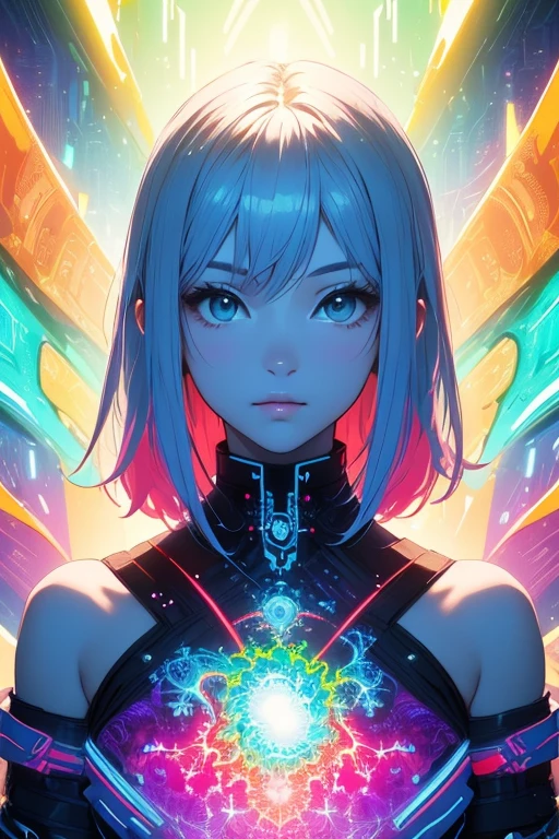(masterpiece, best quality:1.2),(concept art、fractal art:1.5) ,(flat color:1.2),(2D:1.3),(fluorescence colour:1.5,colorful:1.2),looking at viewer,1girl,beautiful face,Gentle face,solo,upper body,floating colorful fluorescence,vivid color、Symmetrical
