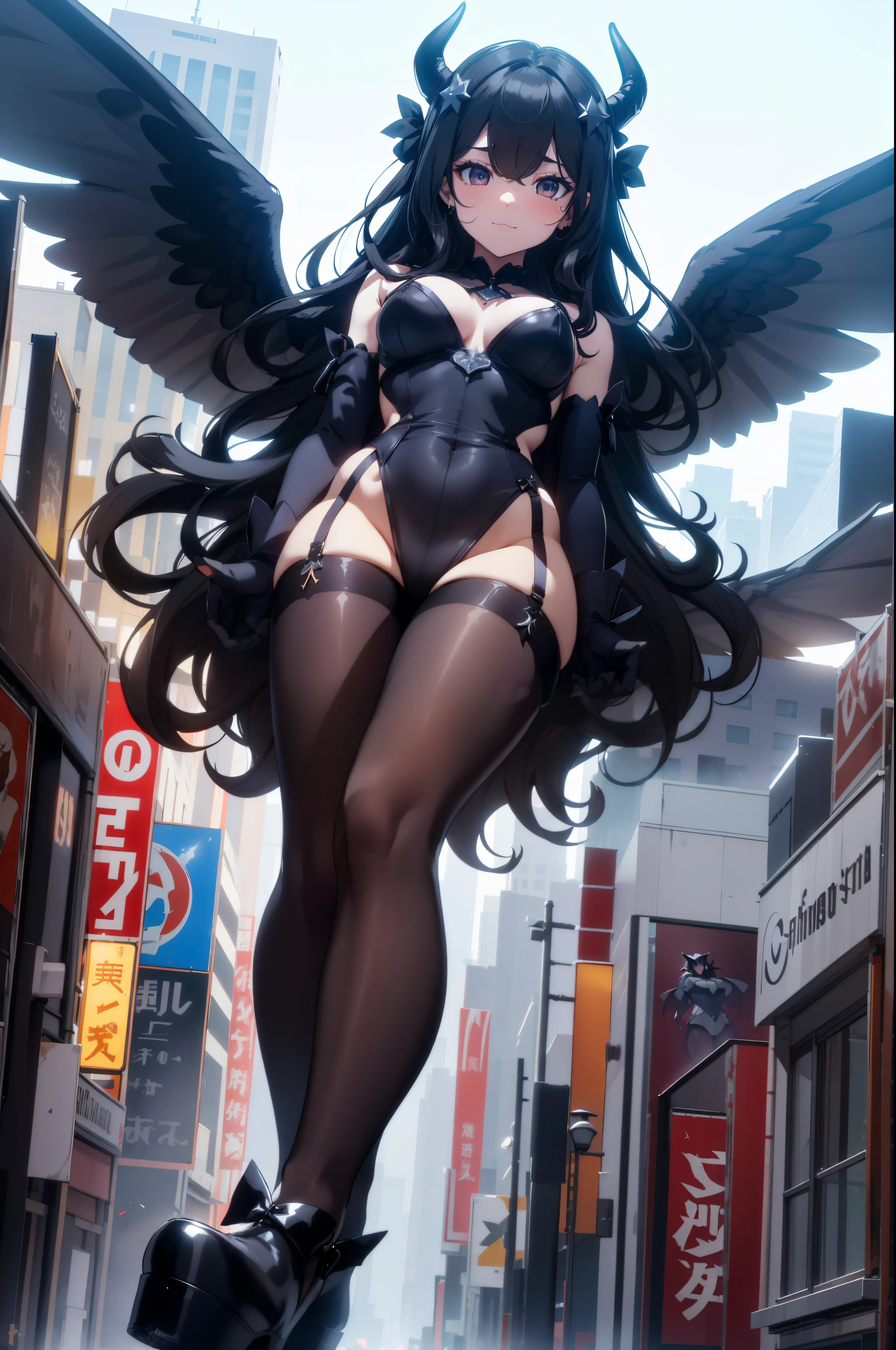 Aerial View,giant girl 50,000 feet high,Weight 1000kg,Has a pair of huge black angel wings,With huge devil horns on his head,Has waist-length black hair,loose hair,Big black wavy curls,black crown,Wearing a pair of black Mary Jane high heels,Black lace gloves,Black lace pantyhose,Bow and star embellished tights,黑色蕾丝whole body,Standing tall above the small town,Beautiful appearance,Exquisite makeup,quality,8k,高quality,Perfect proportion, Cinema lighting,film grain,Fuji colors,8k,textured skin,Super details,high detail,high resolution,fake smile,blood stains,脚底有blood stains,whole body,fat,feather