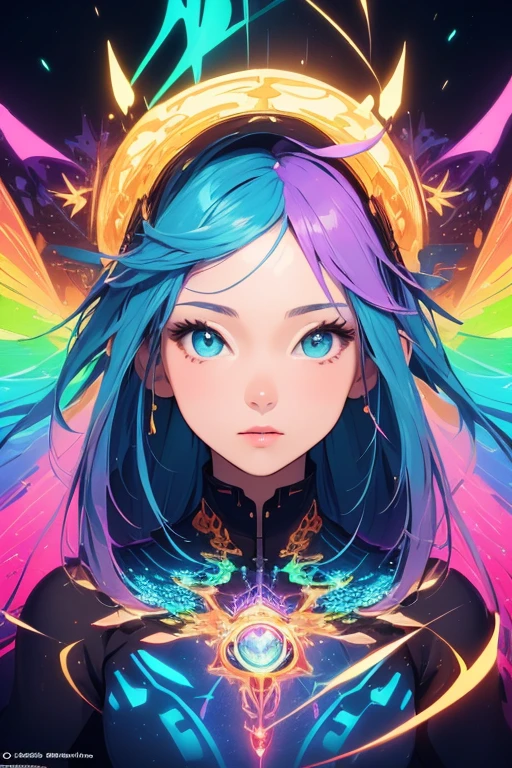 (masterpiece, best quality:1.2),(concept art、fractal art:1.5) ,(flat color:1.2),(2D:1.3),(fluorescence colour:1.5,colorful:1.2),fluorescence multicolored hair、looking at viewer,1girl,beautiful face,Gentle face,solo,upper body,floating colorful fluorescent lines,vivid color、Symmetrical