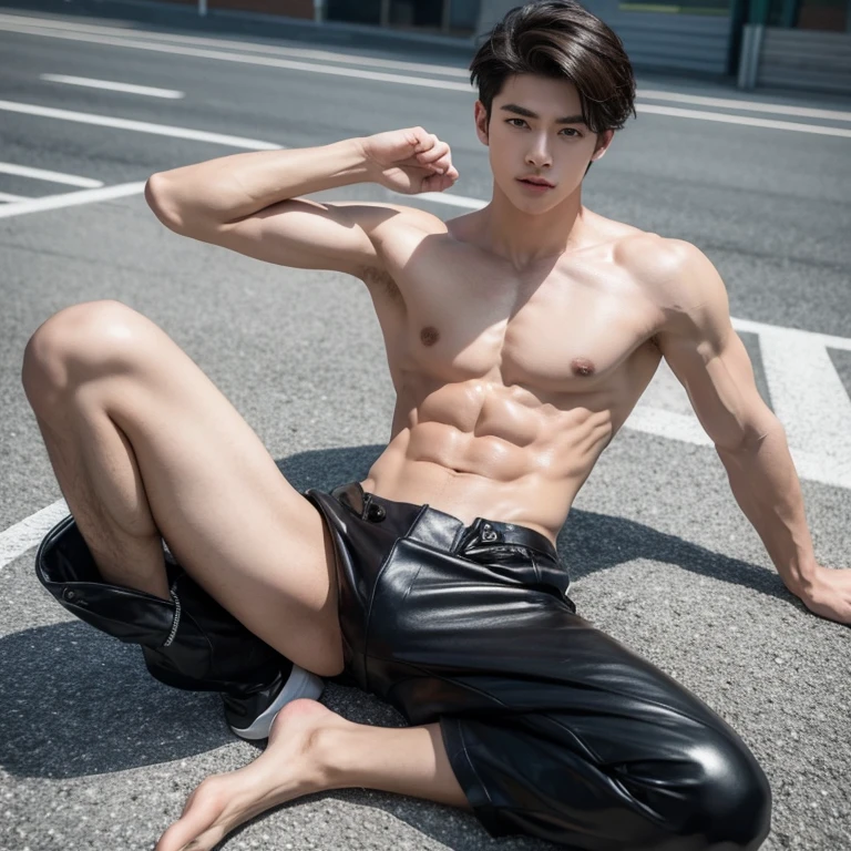 1 male sports student，black leather，Live-action style，Bare topless，Eight-pack abs，White，legs spread，18 year old boy feeling，脚上穿White运动长袜，Sitting on the ground with two knees，The lower body is slightly convex