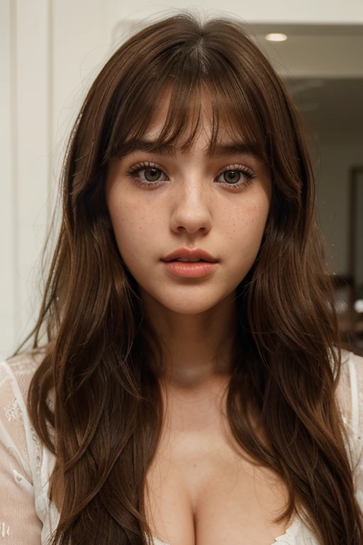 a beautiful young girl , height 5 feet 7 inch , brownish hair bangs , hourglass body , lazy eyes , sharp nose and fat lips, 21 years old , well detailed , symetrical face,freckle on face ,thin, attractive,more vibrant , model face , lighter eyes, korean, more realistic,redlips, wavy hair