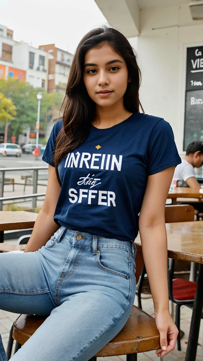 Indian Pretty girl wear jeans, tshirt,shirt,top ,shorts sitting in cafe