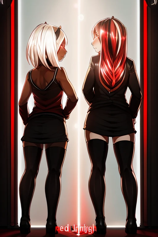 (((by redlight:1.5))),2 females,mature mother AND little daughter,stand side by side,from below:0.5,full body view,(((Simple backgroud))),