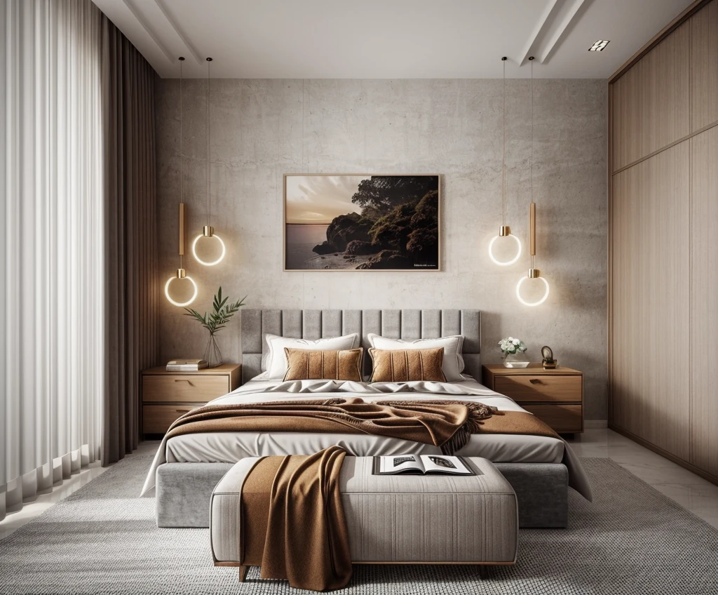 modern bedroom, (supper detail:1.2), brown luxury bed, combo tropical style poter on the wall, marble floor, 1 big abtract poster on the wall, warm light