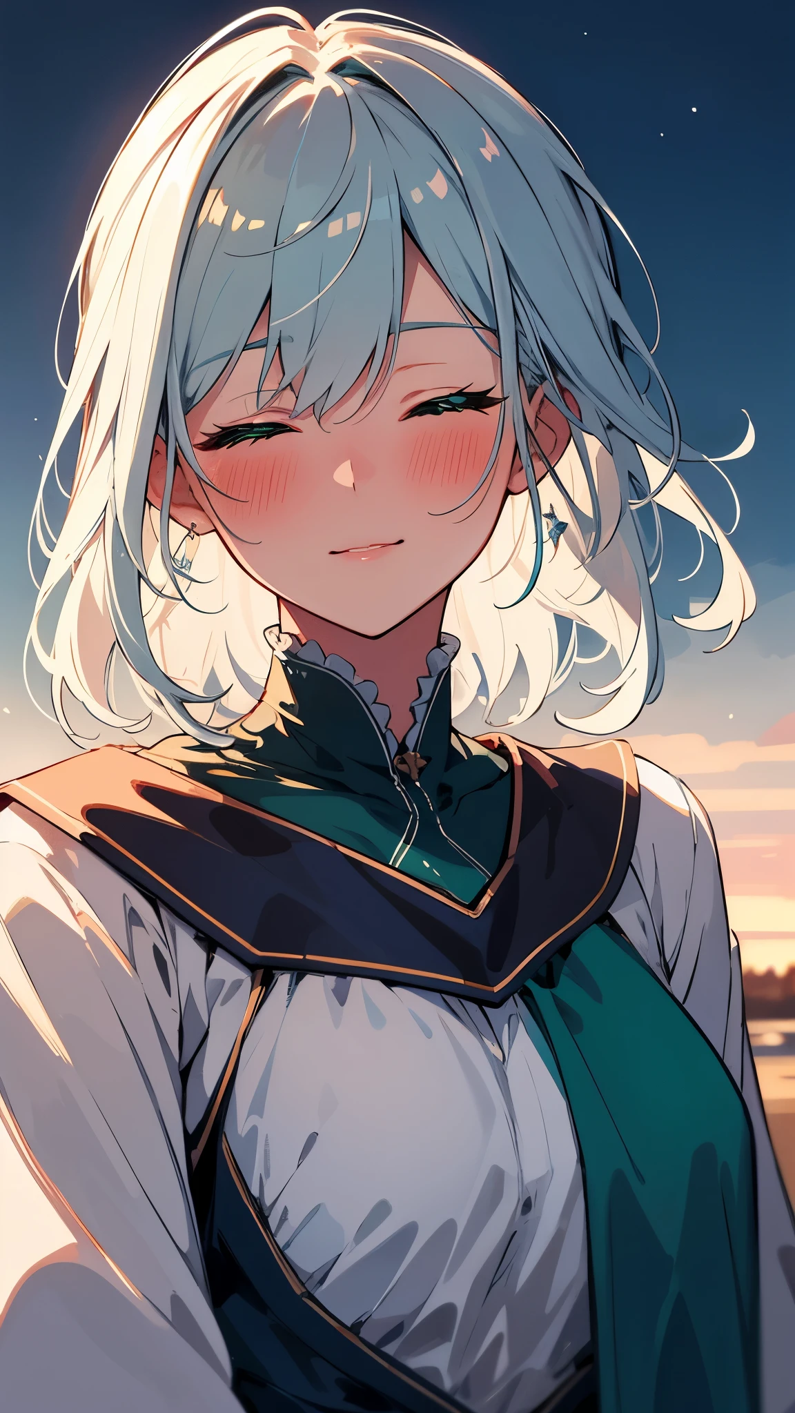 [[[ ultra-detailed, best quality, soft skin, beautiful, 4K]]], (masterpiece 2.1) portrait, close-up, pov, green viridian eyes, closed eyes, white hair with shades of blue, medieval inn background, nighttime, kiss, kissing, blushing, red cheeks, romantic, intimate. 