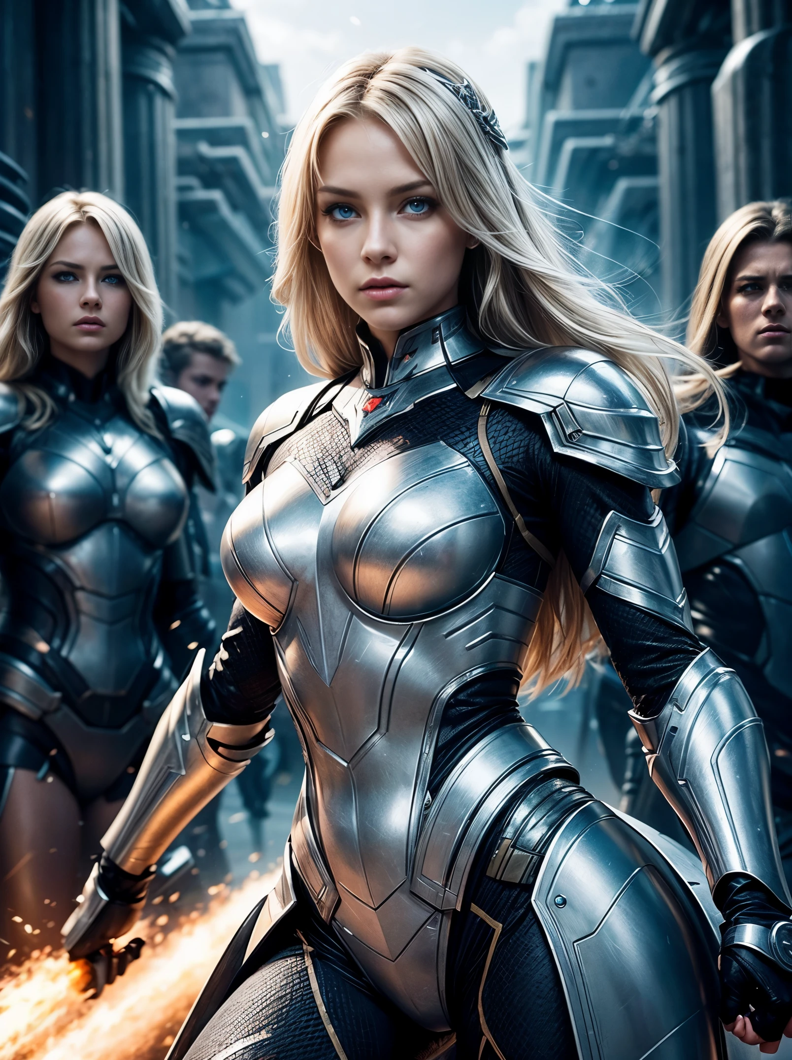 action dynamic full body shot of of well curved female princess in futuristic armor, beautiful blonde hair, grey eyes, fearsome gaze, amidst her army, bokeh