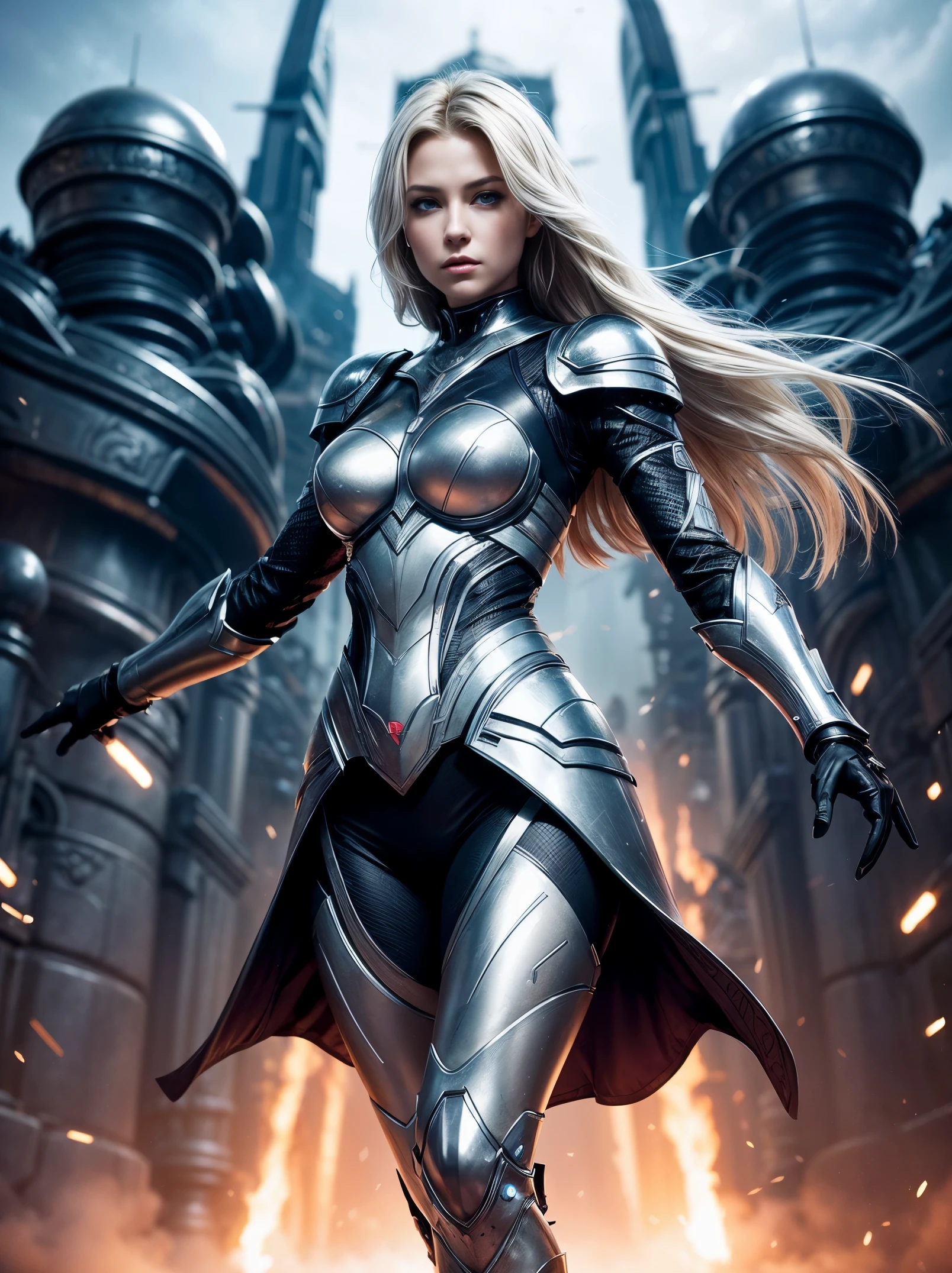 action dynamic full body shot of of well curved female princess in futuristic armor, beautiful blonde hair, grey eyes, fearsome gaze, amidst her army, bokeh