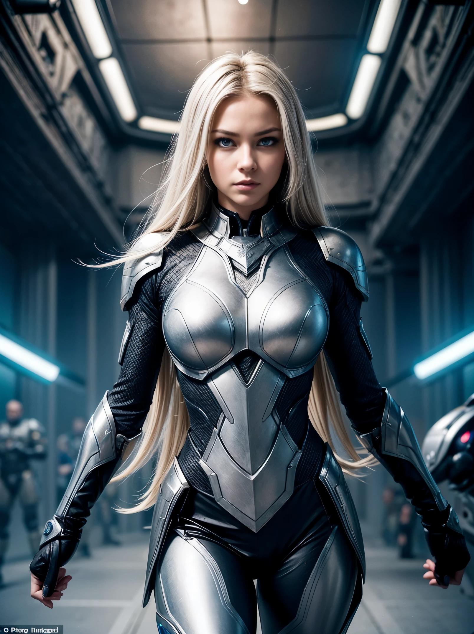 action dynamic full body shot of of well curved female princess in futuristic armor, beautiful blonde hair, grey eyes, fearsome gaze, amidst her army, bokeh