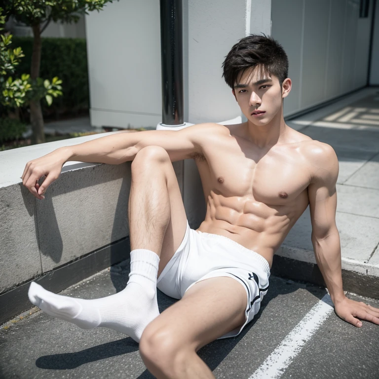 1 male sports student,black leather,Live-action style,Bare topless,Eight-pack abs,white shorts,legs spread,18 year old boy feeling,Wear white sports socks on your feet,Sitting on the ground with two knees,The lower body is slightly convex