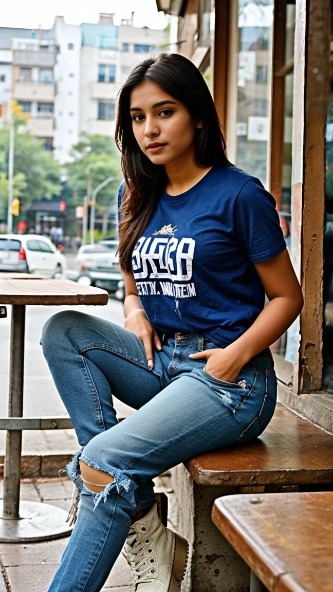 Indian Pretty girl wear jeans, tshirt,shirt,top ,boots,shoes,shorts sitting  in cafe