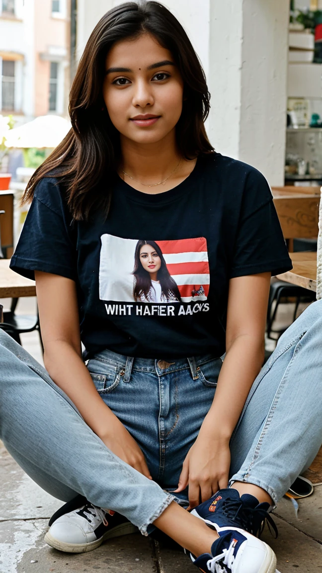 Indian Pretty girl wear jeans, tshirt,shirt,top ,boots,shoes,shorts sitting in cafe