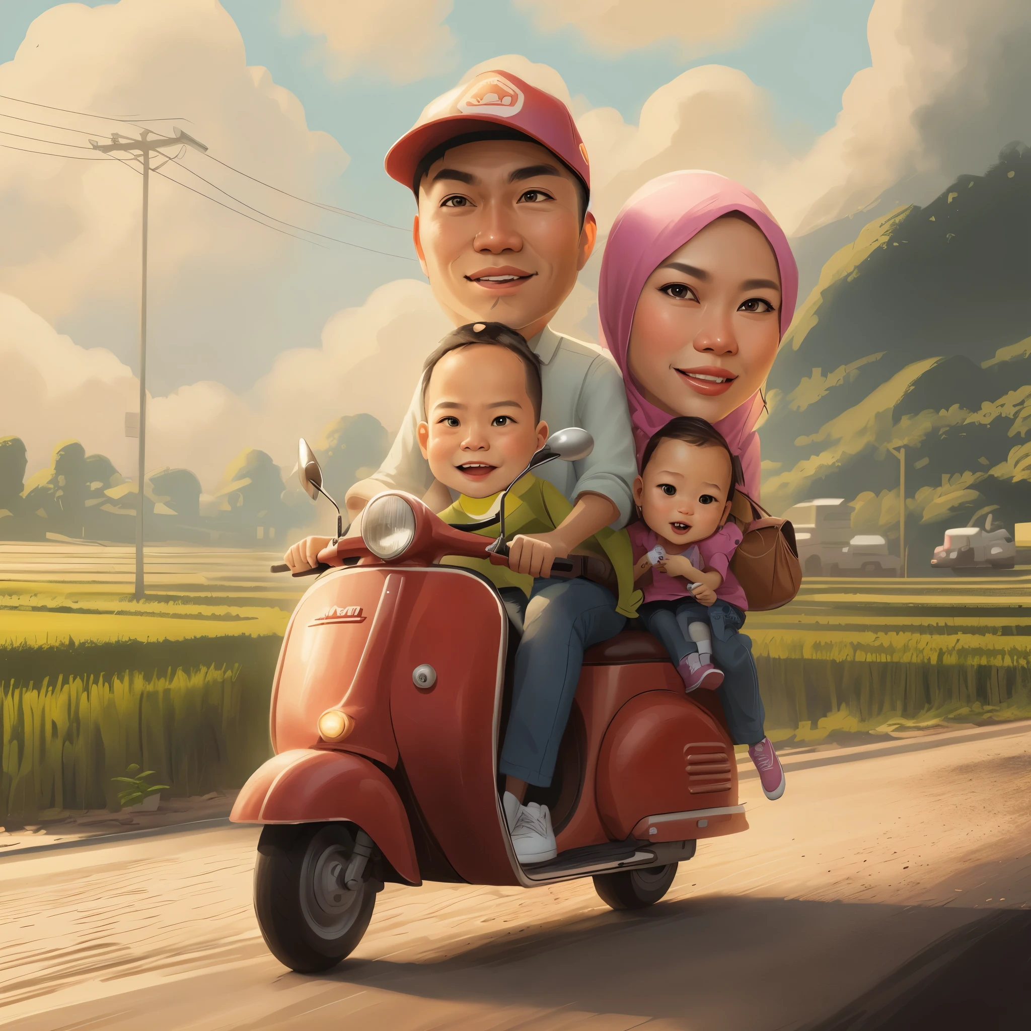 cartoon family riding a scooter with a and two adults, an indonesian family portrait, cartoon artstyle, in cartoon style, cartoon digital art, cartoon art style, digital art cartoon, cartoon digital painting, cartoon style illustration, caricature illustration, inspired by Rudy Siswanto, cartoon art, realism artstyle, by Abidin Dino, potrait