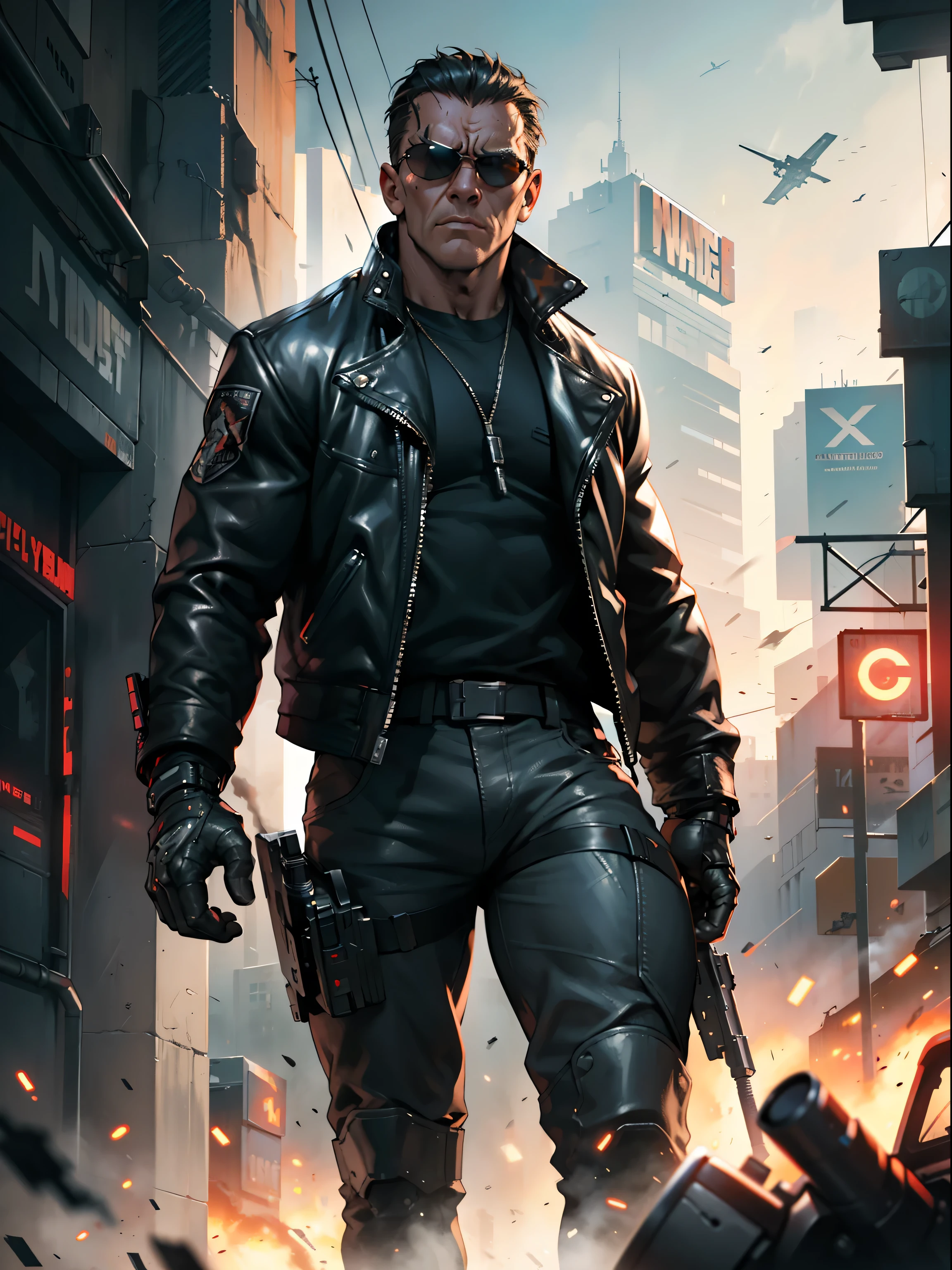 "Filme do Exterminador do Futuro, futurista, dystopian cityscape, atmosfera escura e arenosa, intense action scene, Arnold Schwarzenegger como o personagem principal, Iconic black leather jacket, oculos de sol, Epic Battle, explosions, armamento de alta tecnologia, cyber enhancements, post apocalyptic scenario, Relentless pursuit, suspense chase sequence, dramatic lighting, dramatic camera angles, momentos cheios de adrenalina."