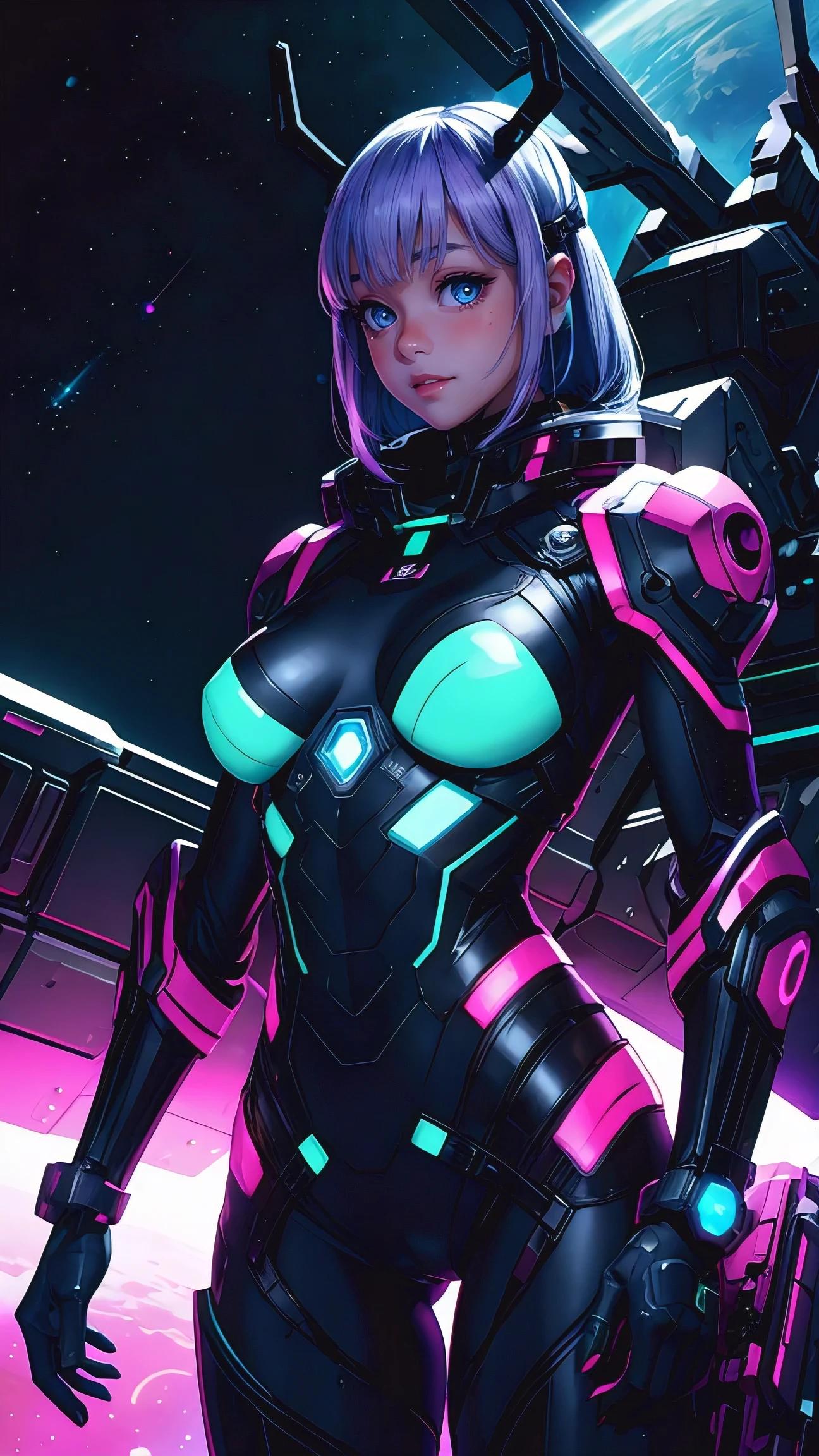 woman, perfect body, space pirate, space pirate armor, scifi, neon accents, on a spaceship, visible outerspace