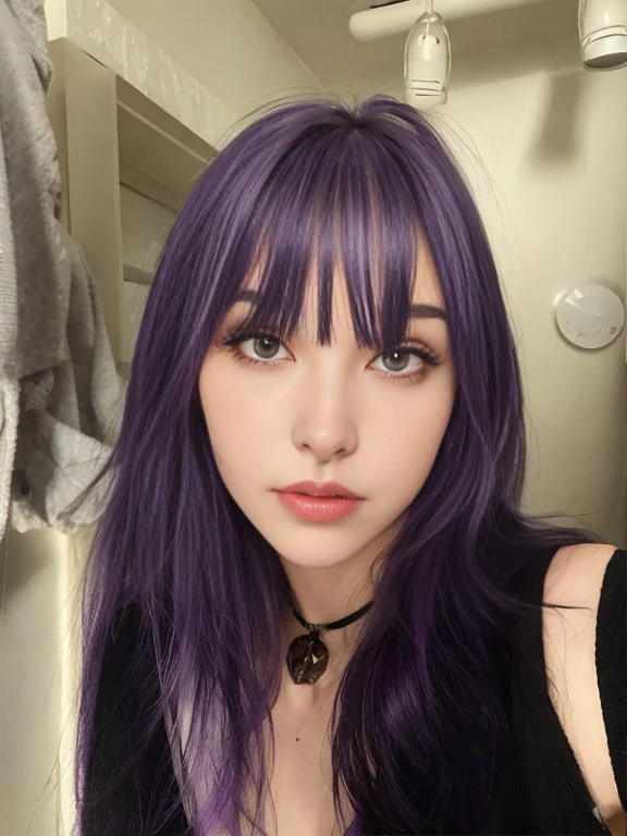 cabelo roxo com franja and a necklace on a woman's neck, pale skin and purple eyes, dark cabelo roxo and cybernetics, cabelo violeta, neat hair com franja, dark cabelo roxo, cabelo roxo, she has cabelo roxo, Bela Delfina, chin-length cabelo roxo, com franja completa, com franja, short cabelo roxo, cabelo longo violeta, roxo - colorido