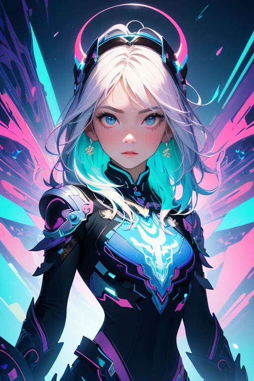 (masterpiece, best quality:1.2),(concept art、fractal art:1.5) ,(flat color:1.2),(2D:1.3),(fluorescence colour:1.5,colorful:1.2),fluorescence multicolored hair、looking at viewer,1girl,beautiful face,Gentle face,solo,upper body,floating colorful fluorescent lines,vivid color、fractal art、Symmetrical